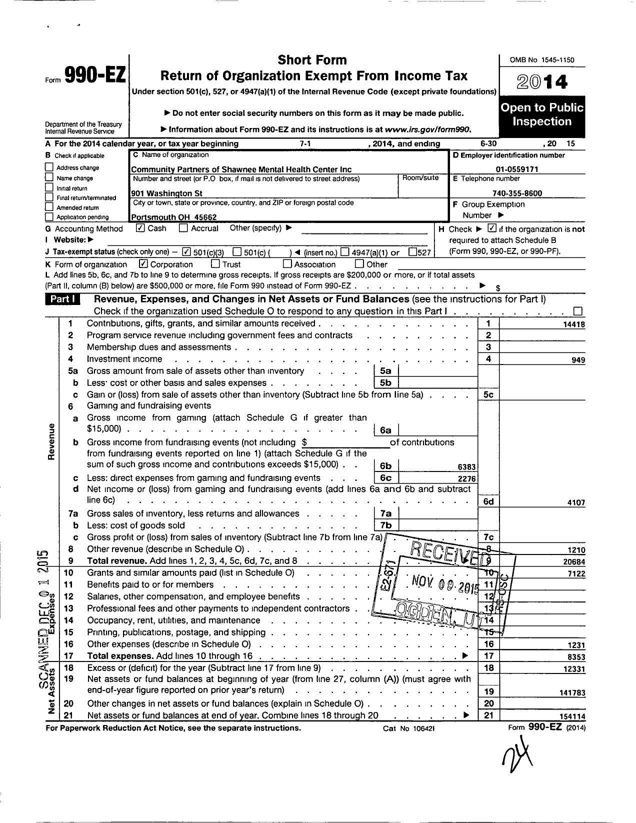 Image of first page of 2014 Form 990EZ for Community Partners of Shawnee Mental Health Center