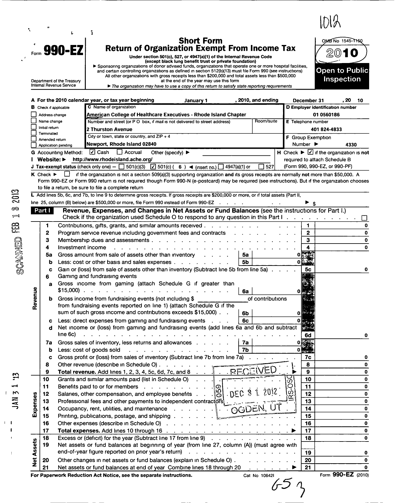 Image of first page of 2010 Form 990EO for American College of Healthcare Executives / Ache Rhode Island Chapter