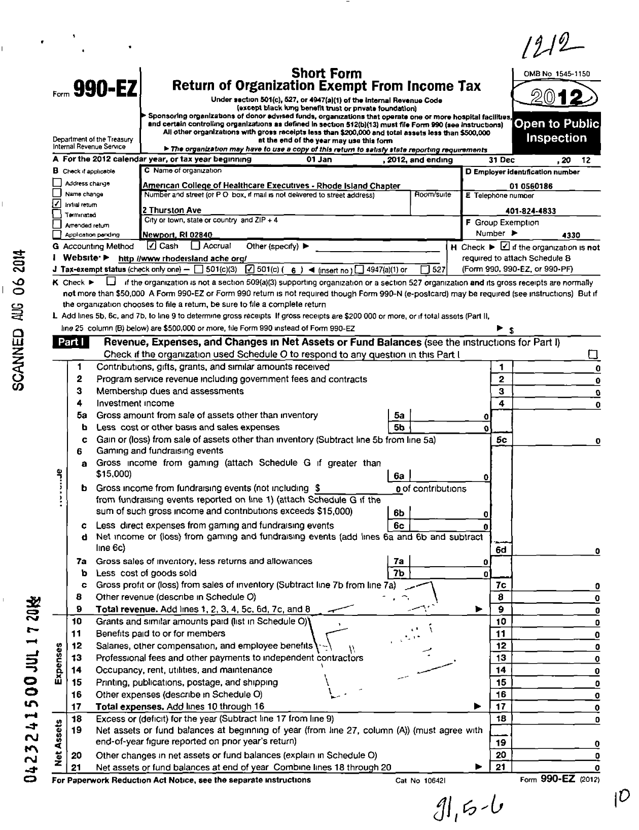 Image of first page of 2012 Form 990EO for American College of Healthcare Executives / Ache Rhode Island Chapter
