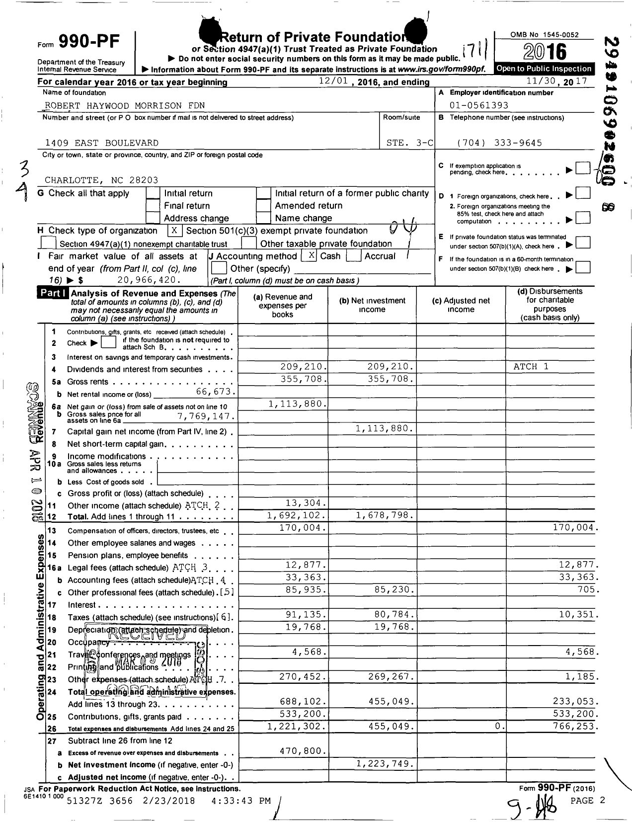 Image of first page of 2016 Form 990PF for Robert Haywood Morrison Foundation