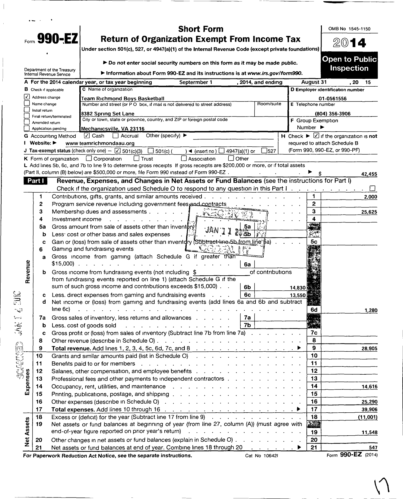 Image of first page of 2014 Form 990EZ for Team Richmond Aau Basketball Association