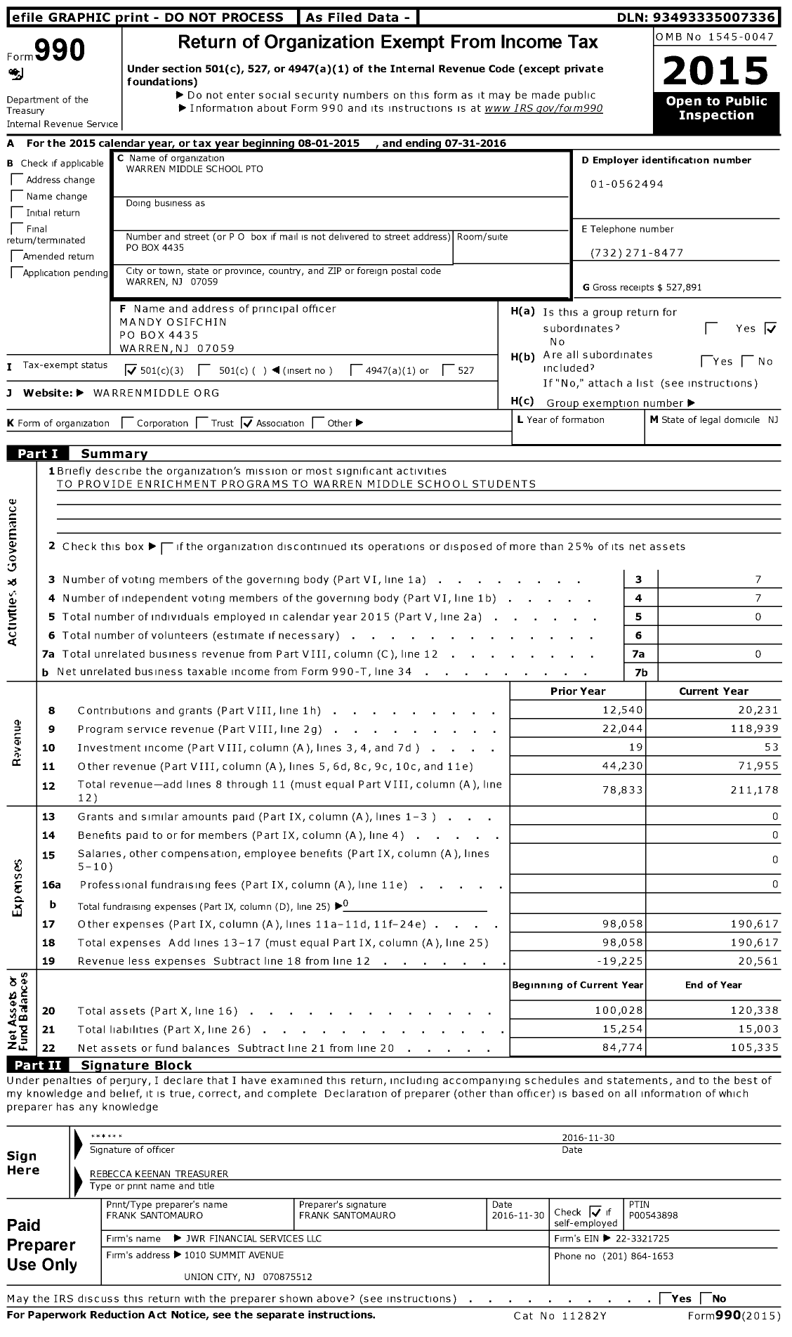 Image of first page of 2015 Form 990 for Warren Middle School Pto
