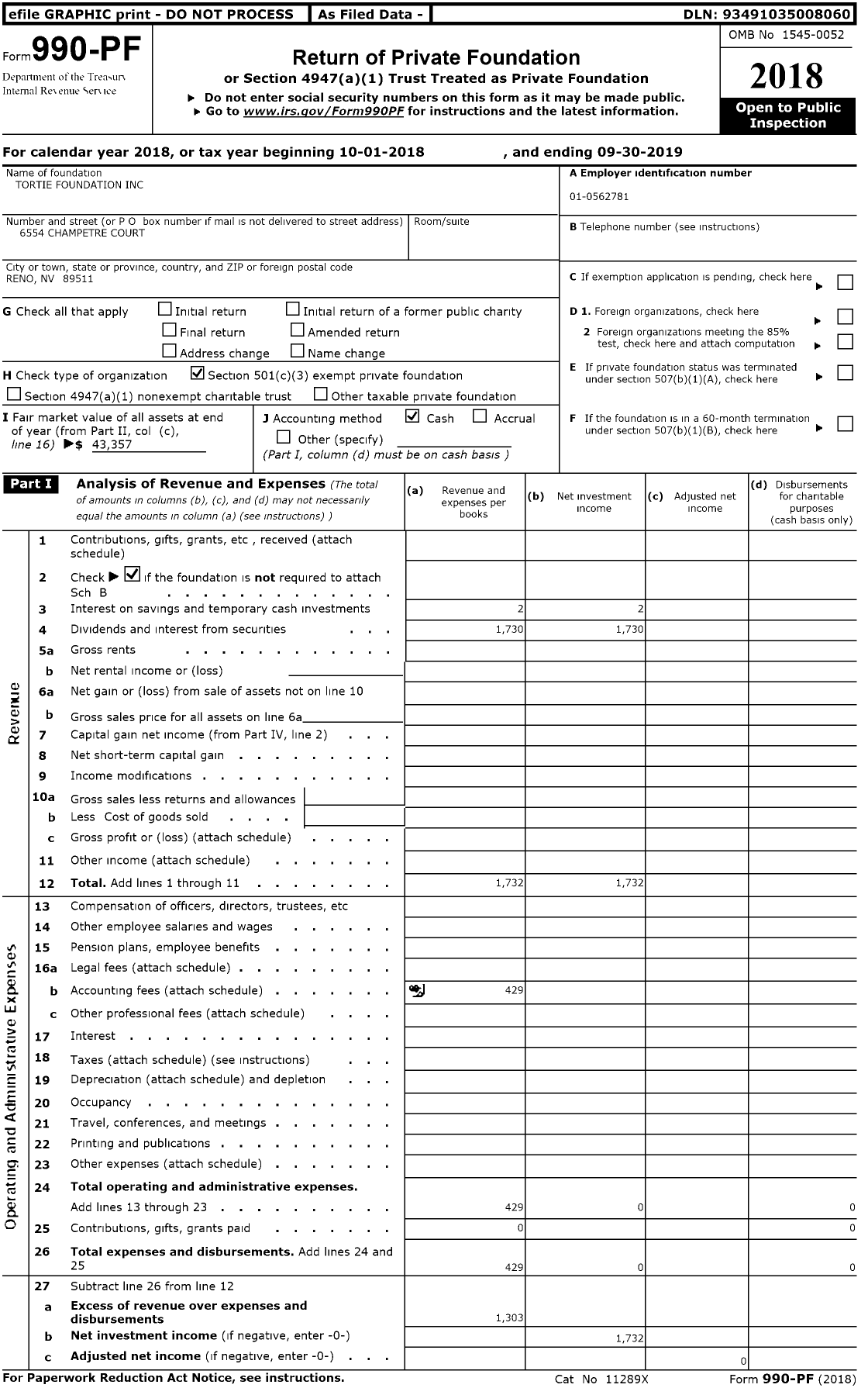 Image of first page of 2018 Form 990PR for Tortie Foundation