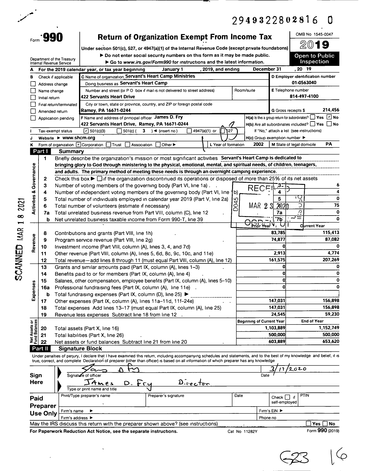 Image of first page of 2019 Form 990 for Servants Heart Camp