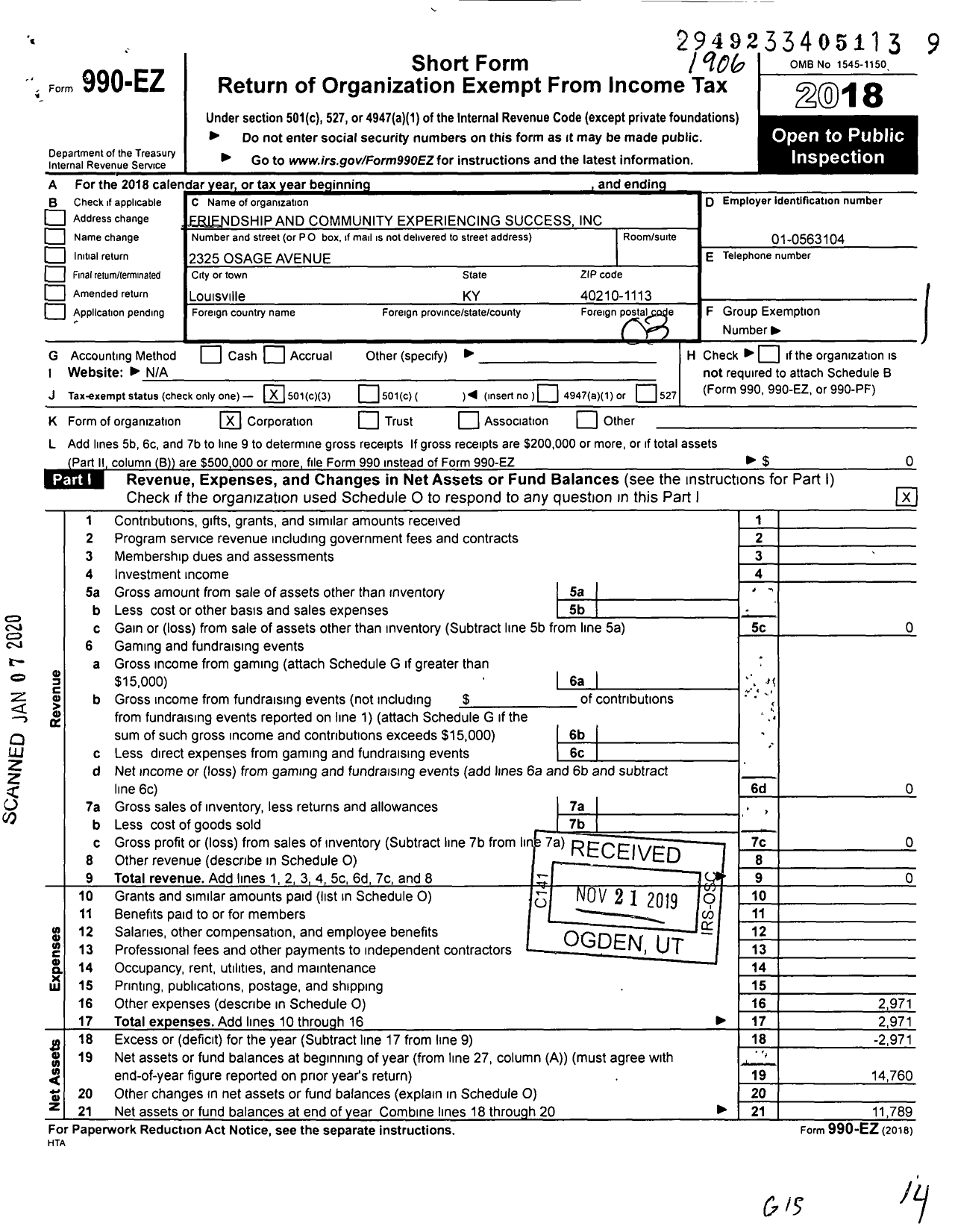 Image of first page of 2018 Form 990EZ for Friendship and Community Experiencing Success