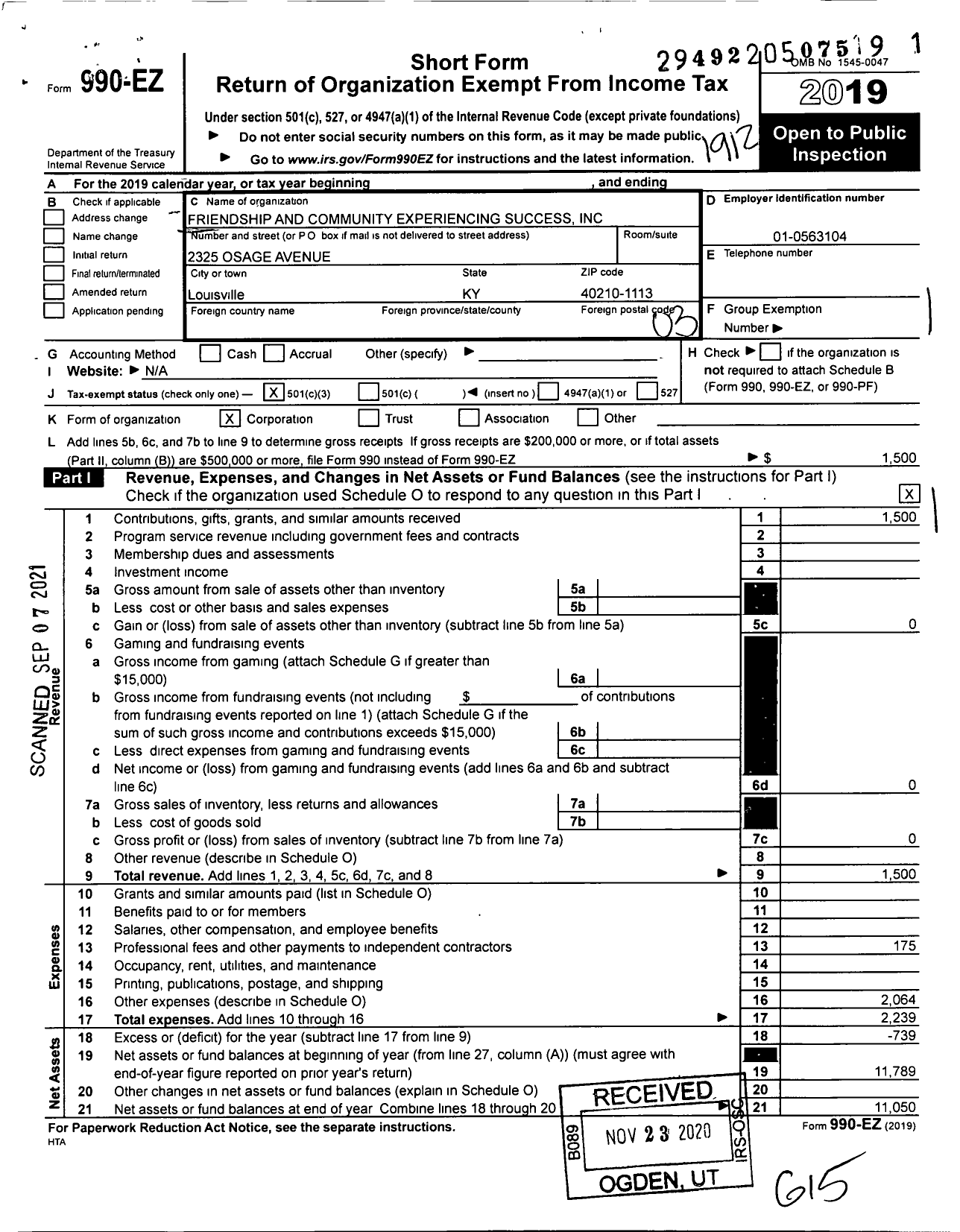 Image of first page of 2019 Form 990EZ for Friendship and Community Experiencing Success