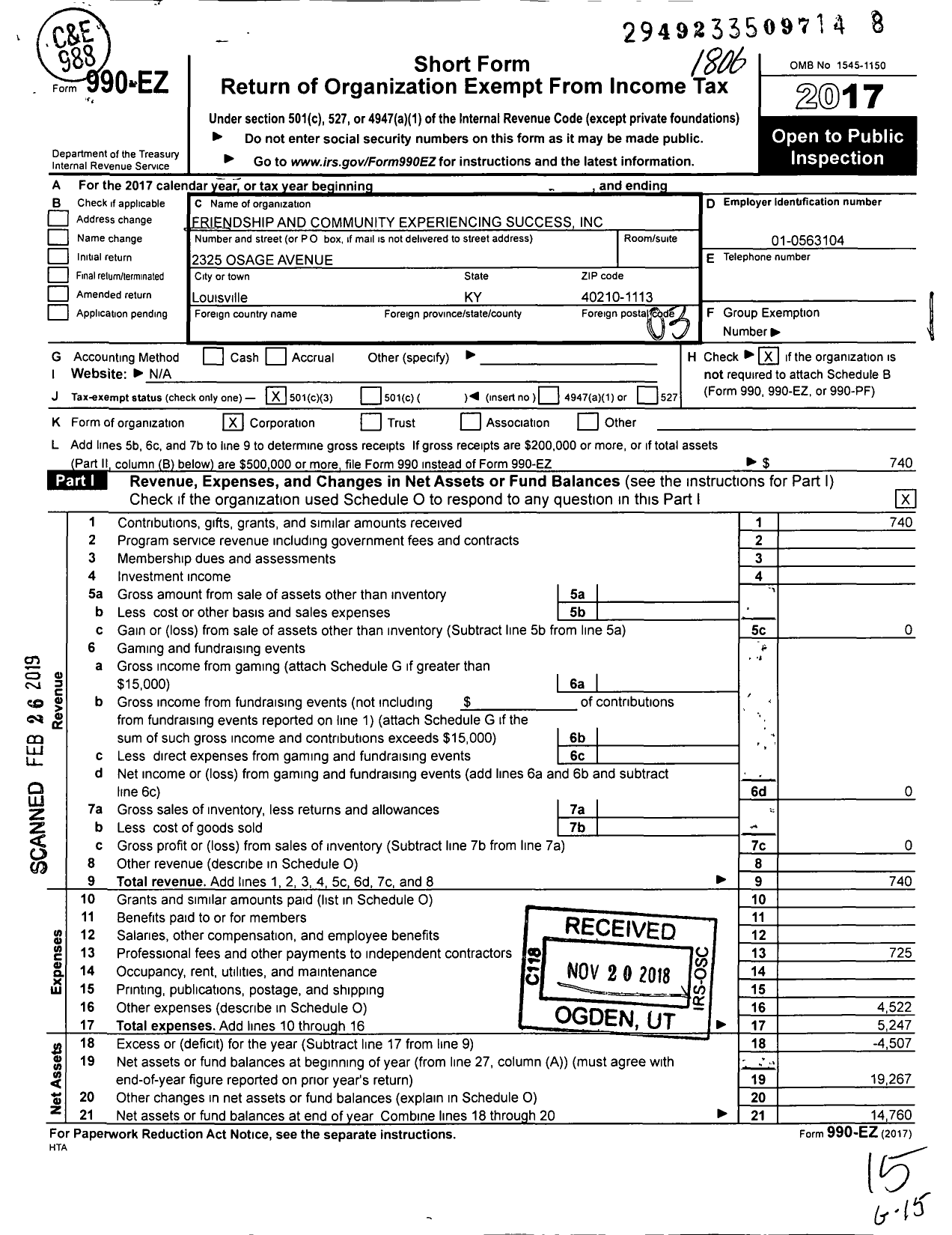 Image of first page of 2017 Form 990EZ for Friendship and Community Experiencing Success