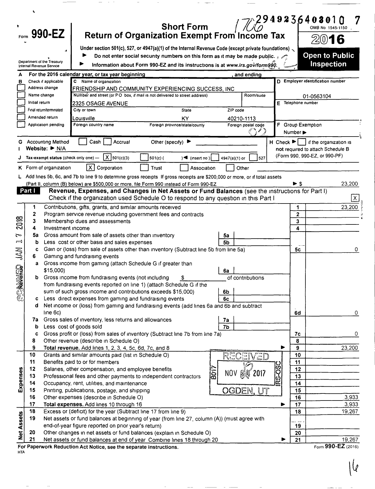 Image of first page of 2016 Form 990EZ for Friendship and Community Experiencing Success