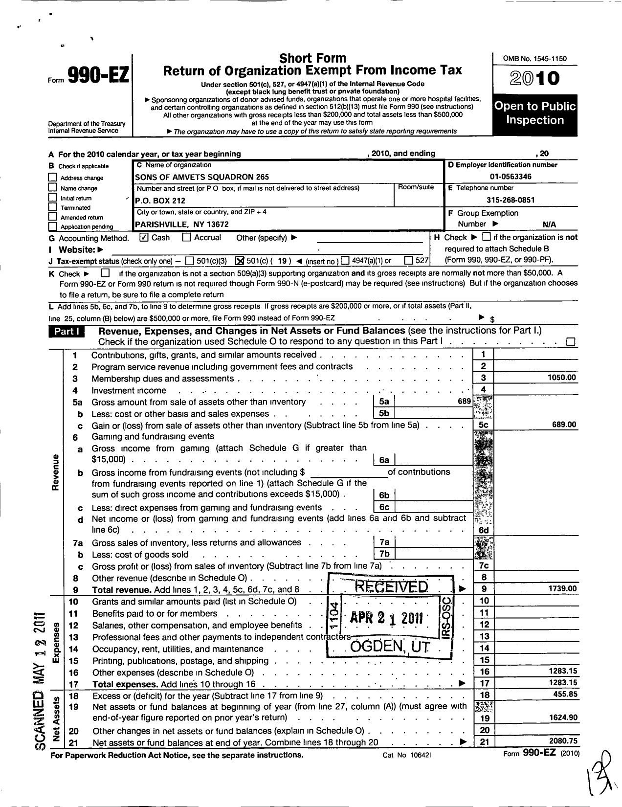 Image of first page of 2010 Form 990EO for Amvets - Ny 265