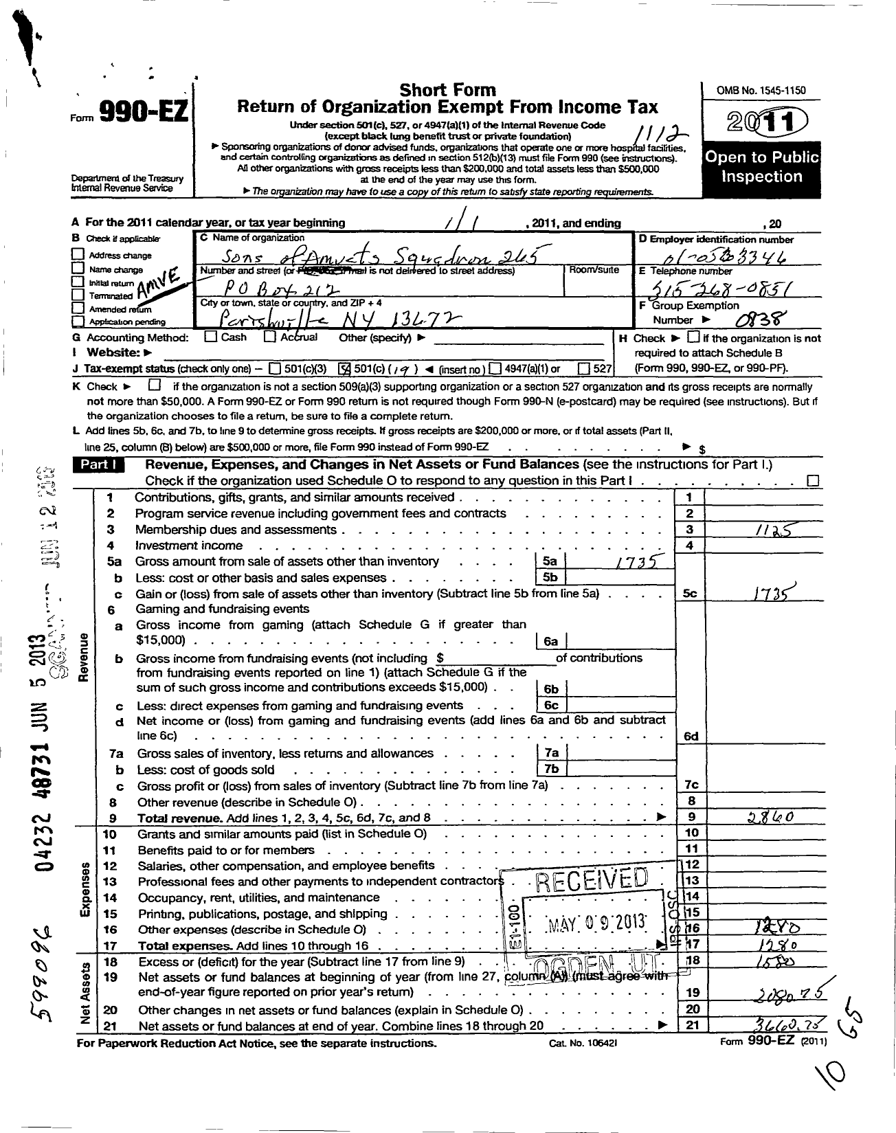 Image of first page of 2011 Form 990EO for Amvets - Ny 265