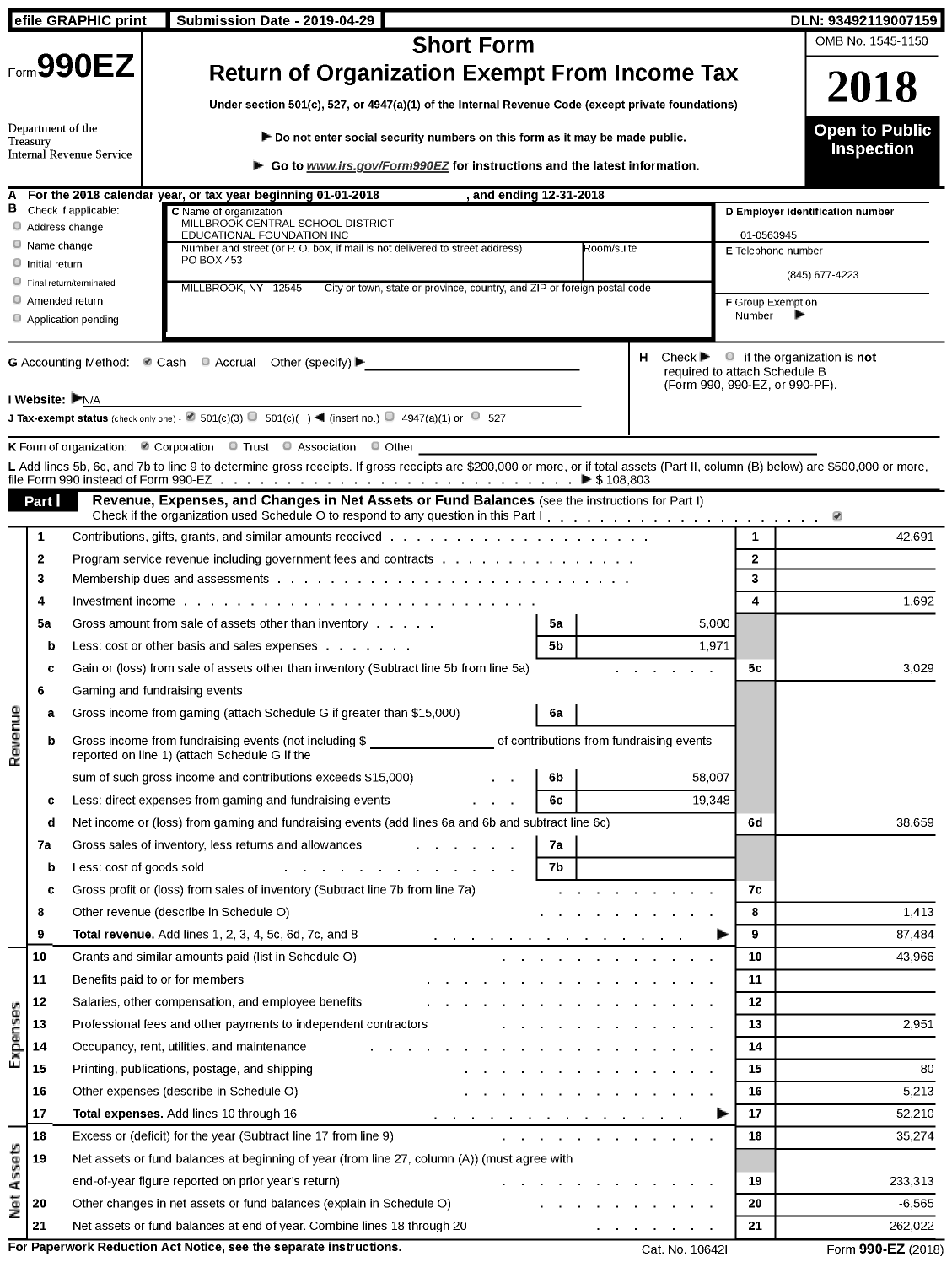 Image of first page of 2018 Form 990EZ for Millbrook Central School District Educational Foundation