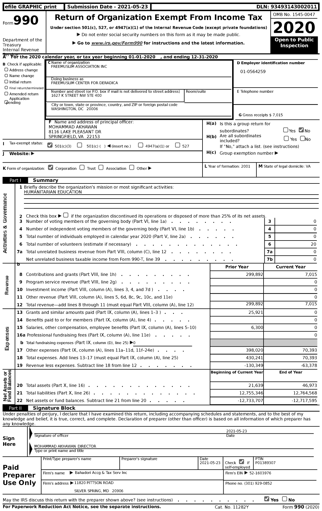 Image of first page of 2020 Form 990 for Freemuslim Association