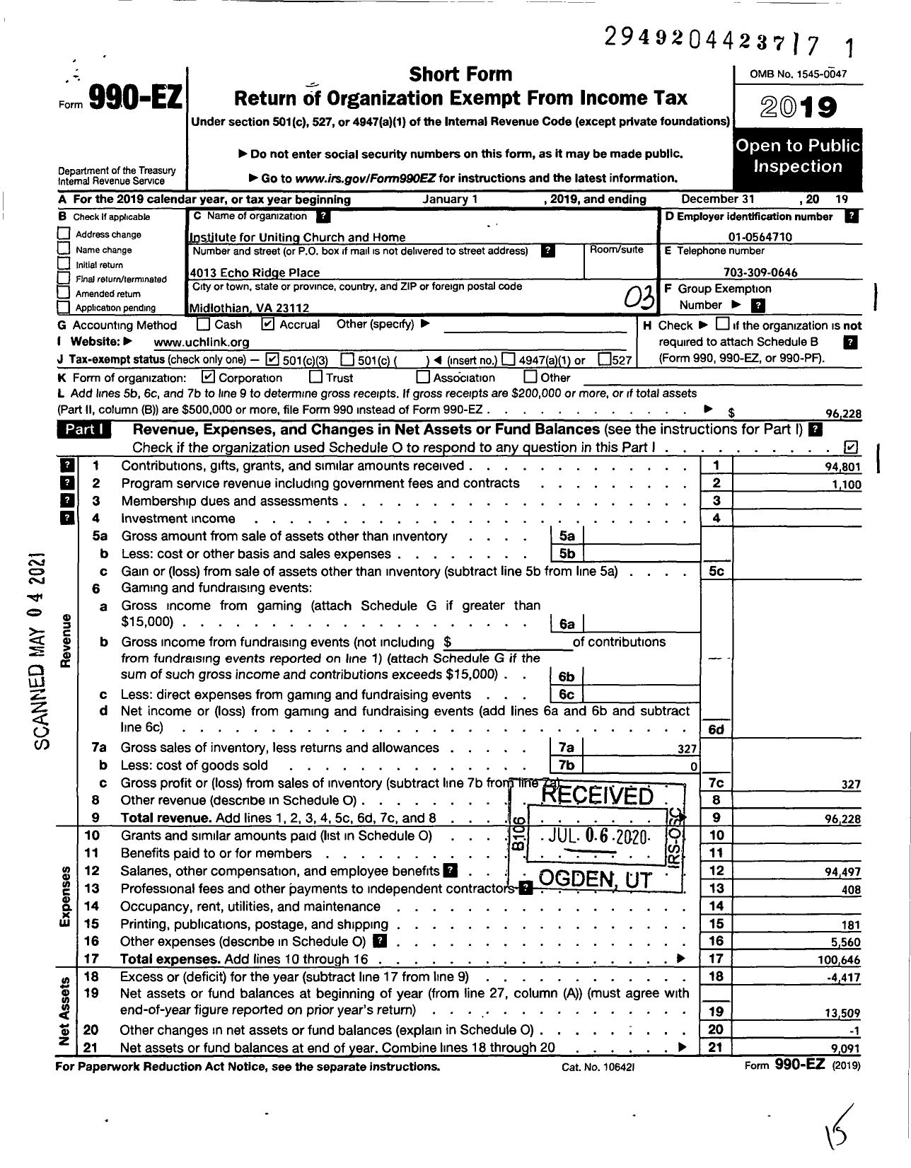 Image of first page of 2019 Form 990EZ for Home In Him