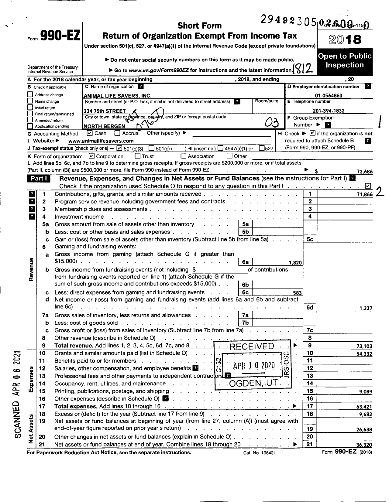 Image of first page of 2018 Form 990EZ for Animal Life Savers