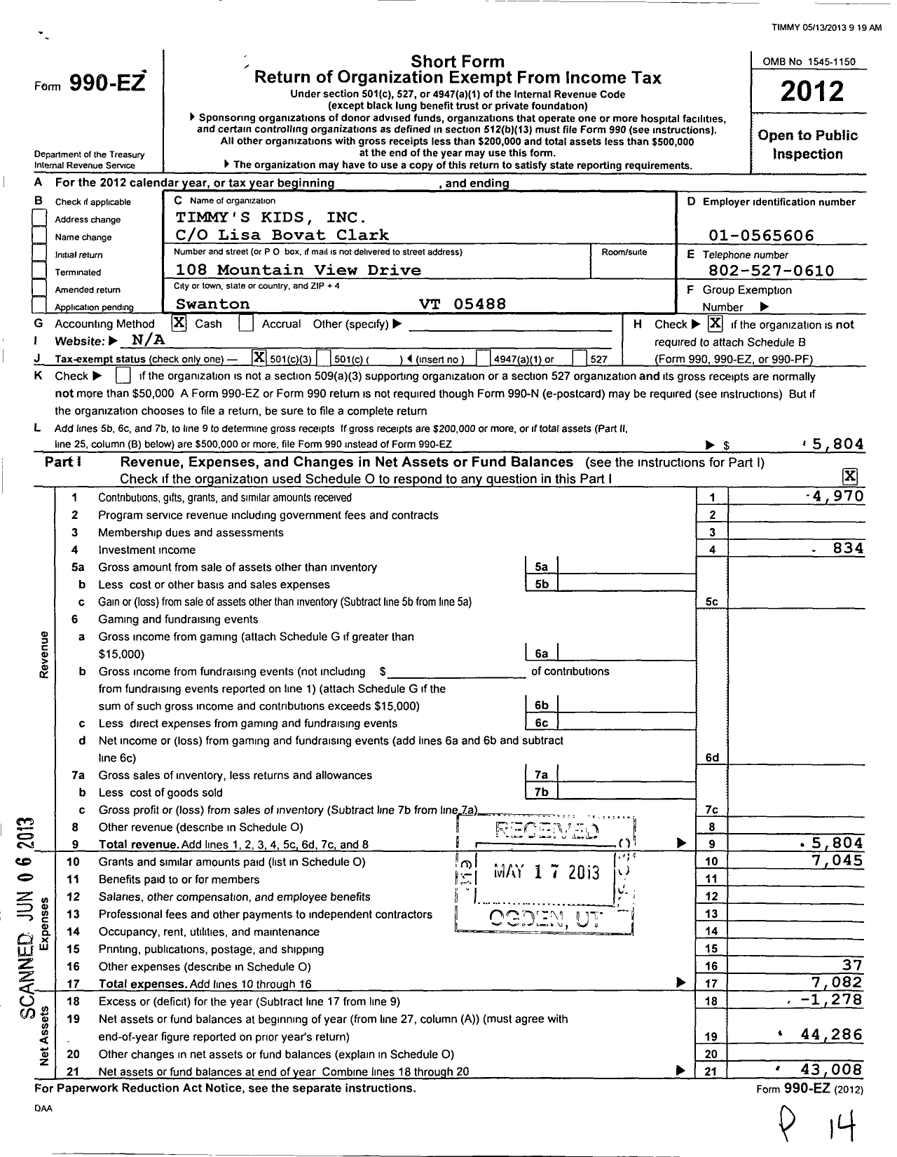 Image of first page of 2012 Form 990EZ for Timmy's Kids