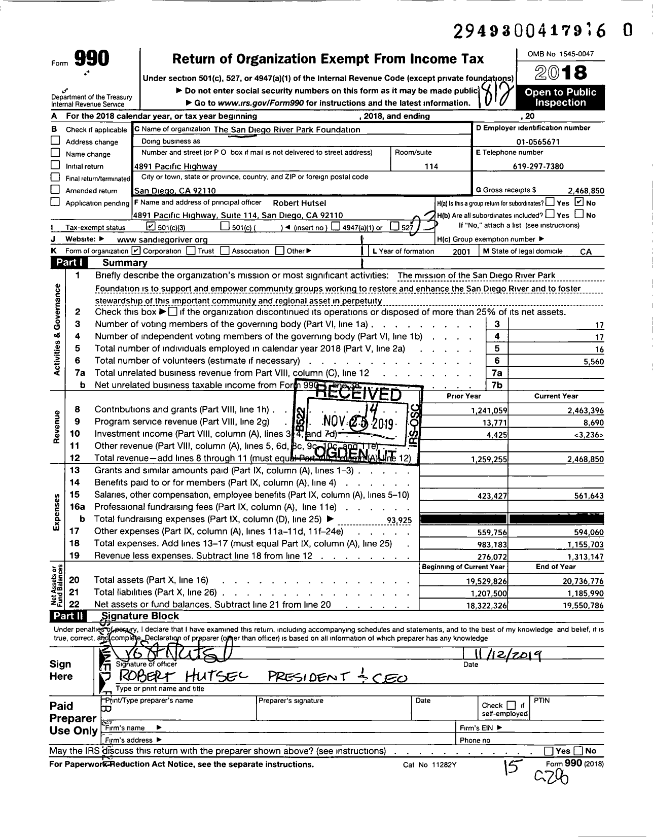 Image of first page of 2018 Form 990 for San Diego River Park Foundation