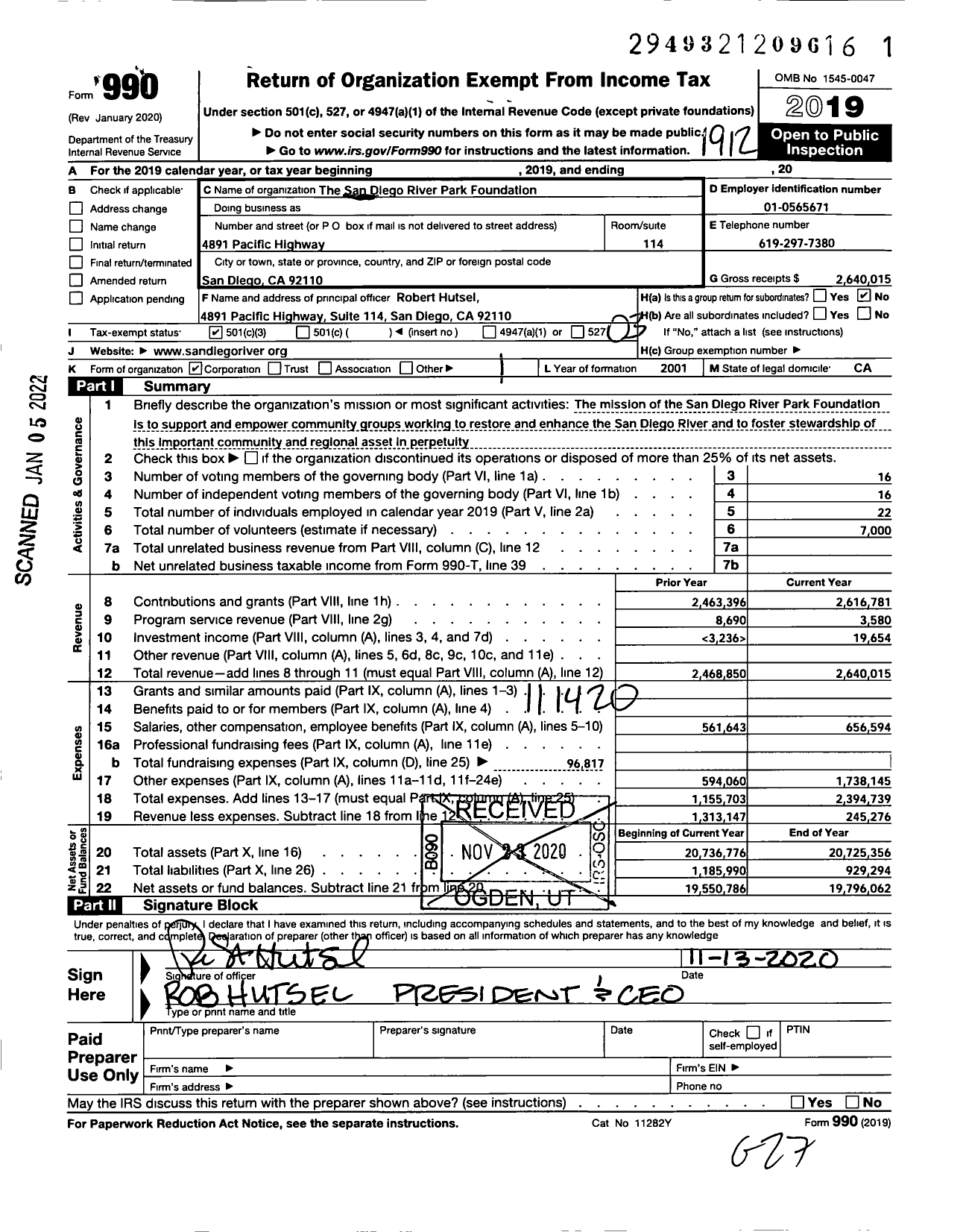 Image of first page of 2019 Form 990 for San Diego River Park Foundation