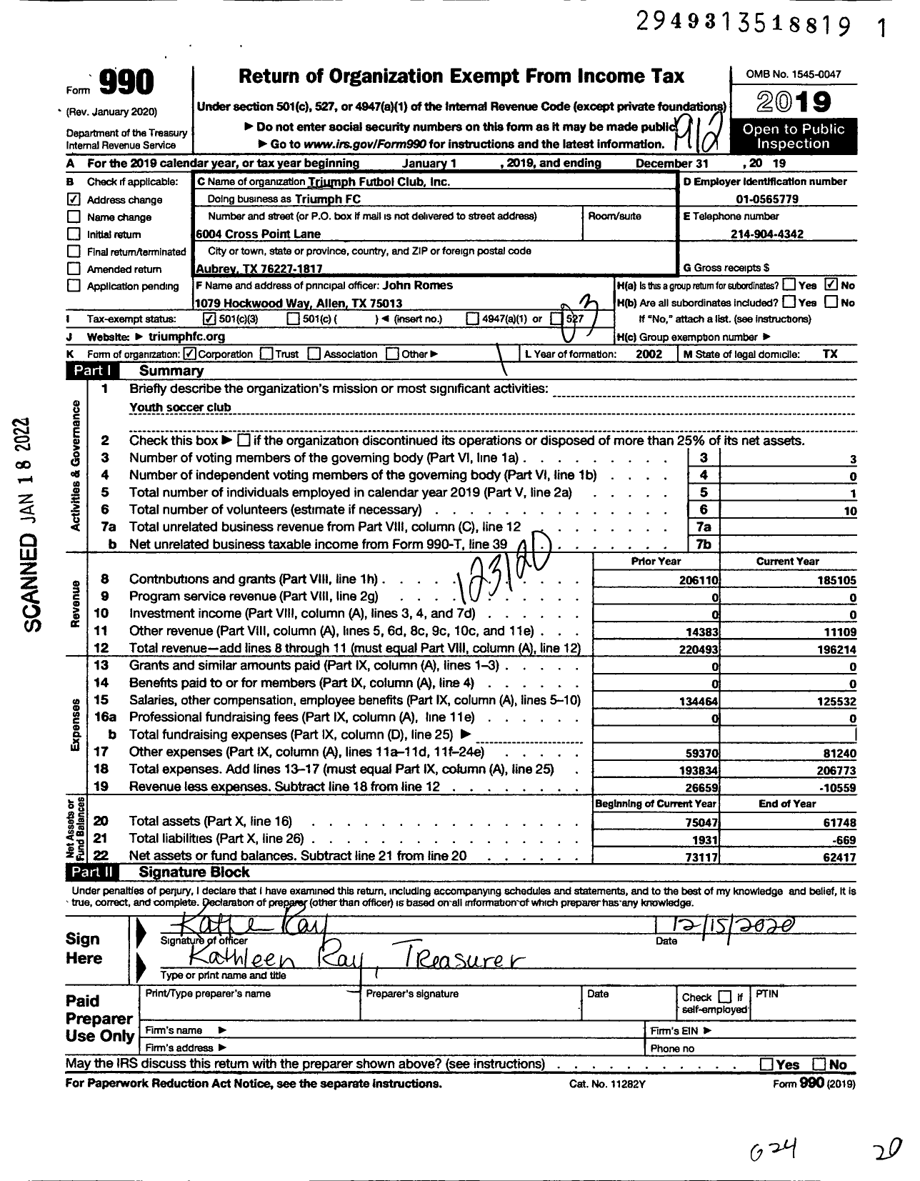 Image of first page of 2019 Form 990 for Triumph FC