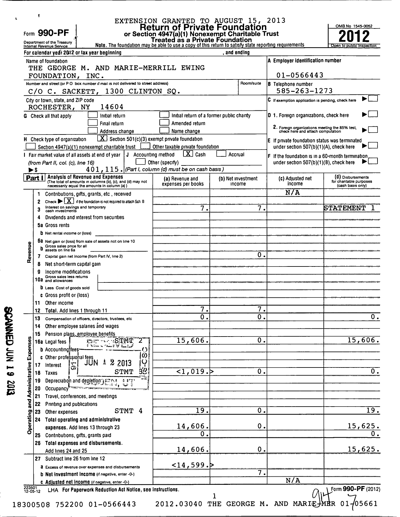 Image of first page of 2012 Form 990PF for George M and Marie-Merrill Ewing Foundation