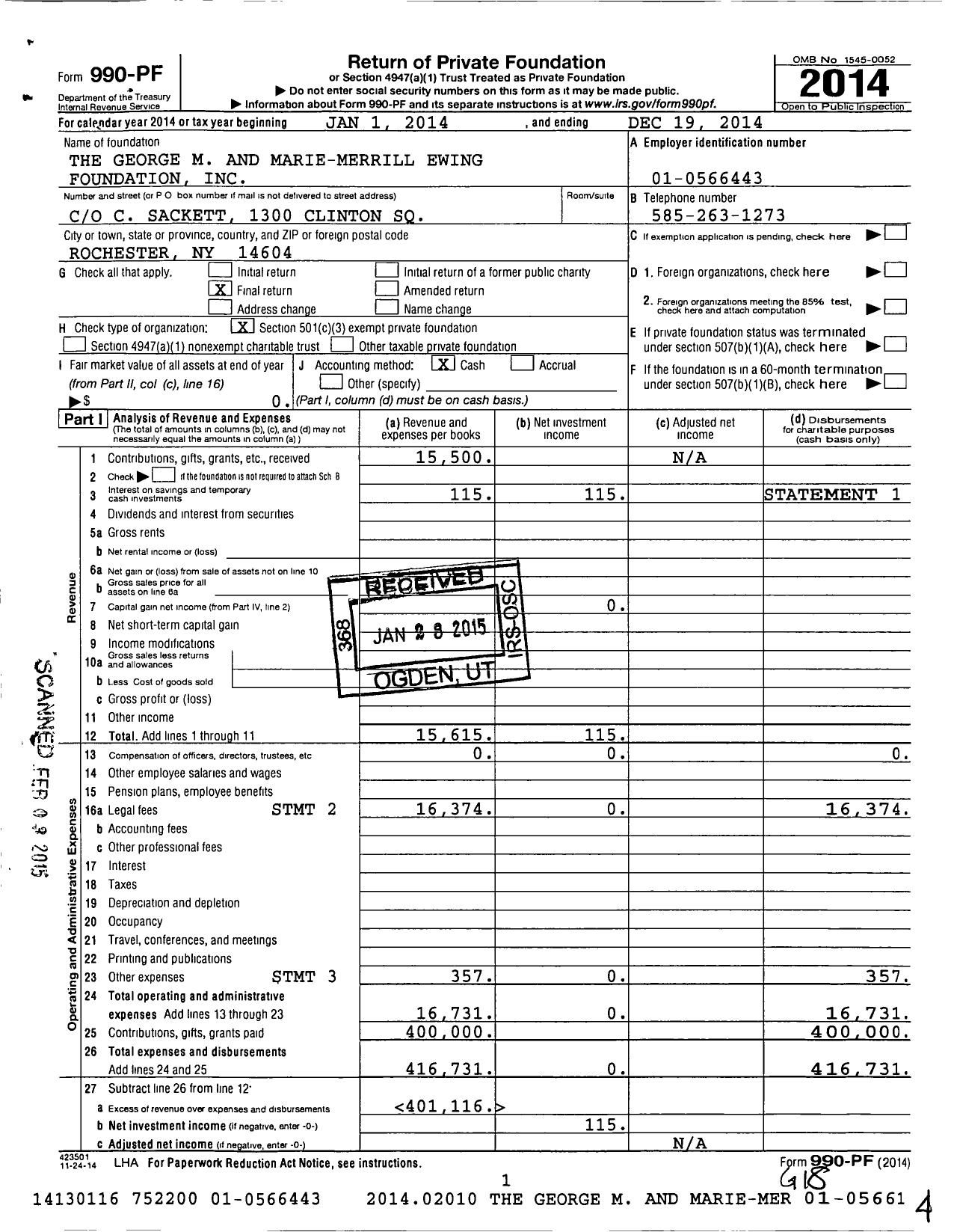 Image of first page of 2014 Form 990PF for George M and Marie-Merrill Ewing Foundation