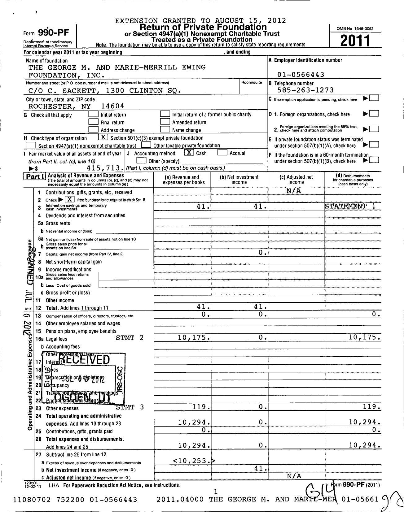 Image of first page of 2011 Form 990PF for George M and Marie-Merrill Ewing Foundation