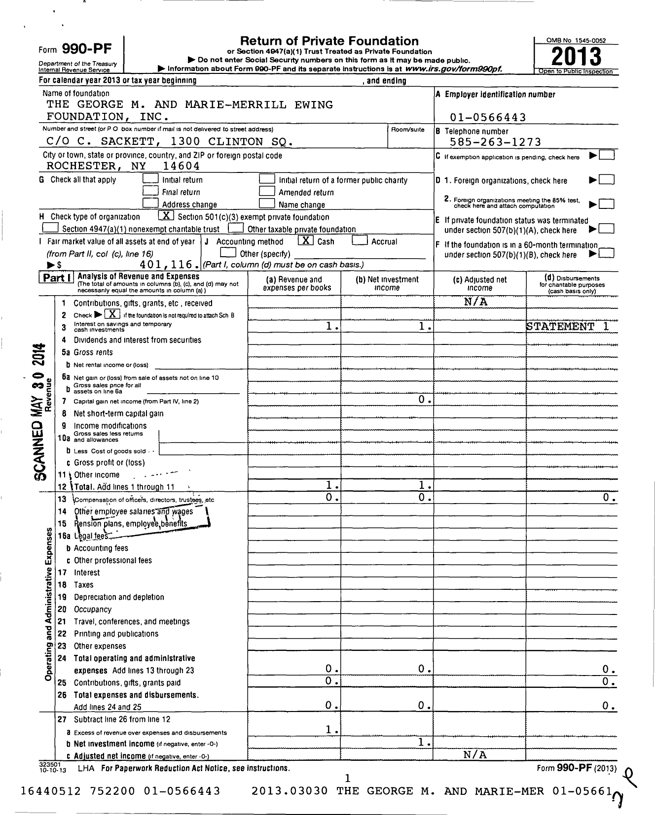 Image of first page of 2013 Form 990PF for George M and Marie-Merrill Ewing Foundation