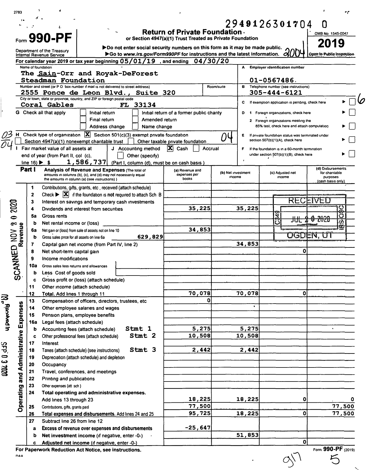 Image of first page of 2019 Form 990PF for The Sain-Orr and Royak-Deforest Steadman Foundation