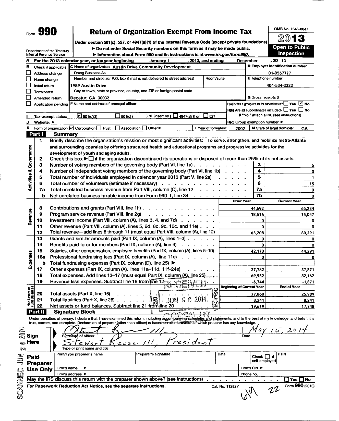 Image of first page of 2013 Form 990 for Austin Drive Community Development