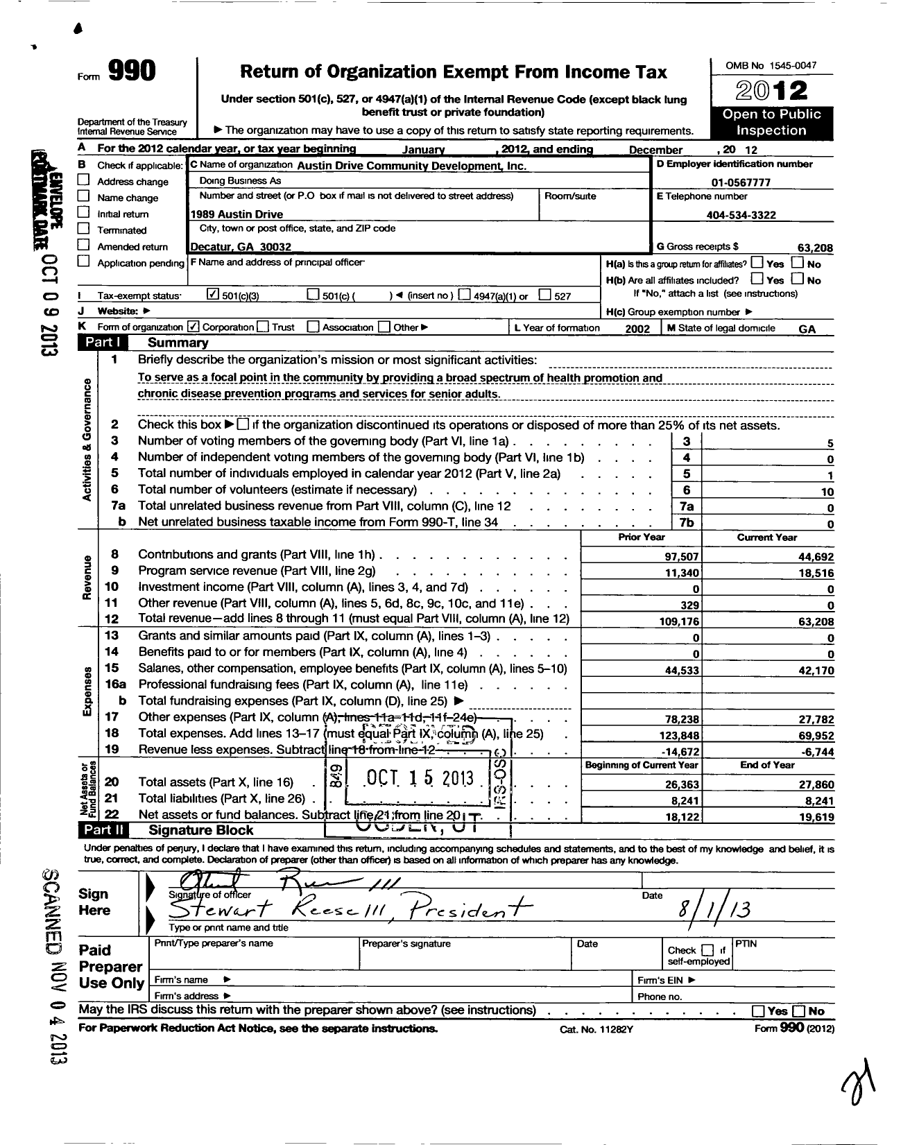 Image of first page of 2012 Form 990 for Austin Drive Community Development