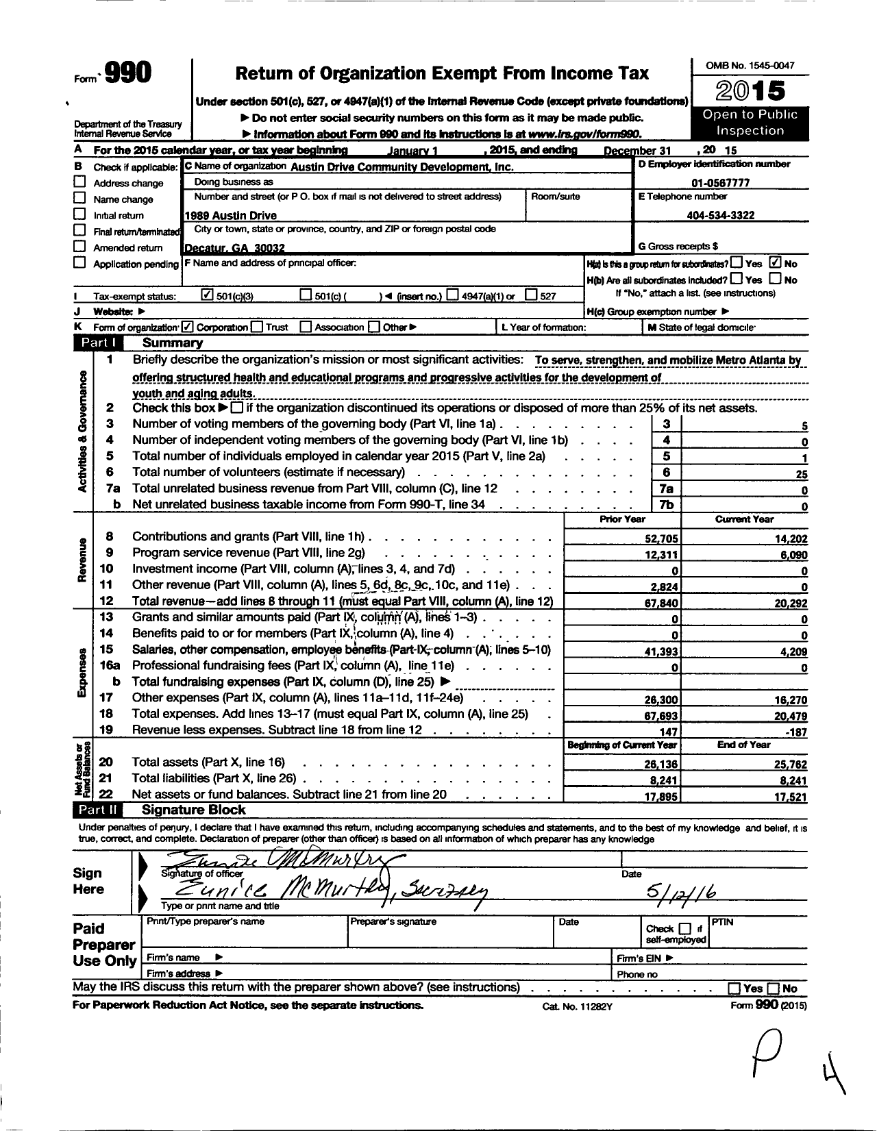 Image of first page of 2015 Form 990 for Austin Drive Community Development