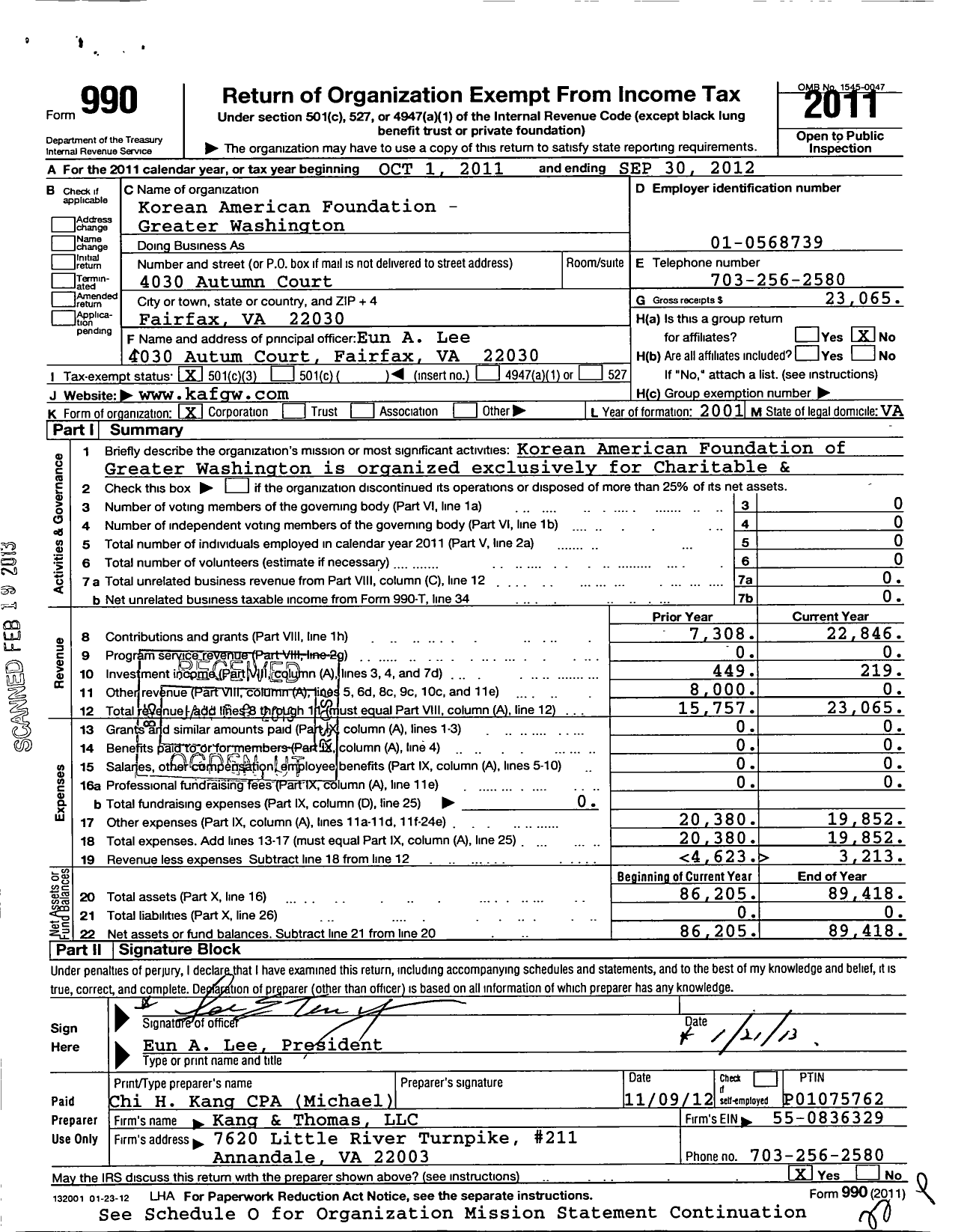 Image of first page of 2011 Form 990 for Korean American Foundation-Greater Washington