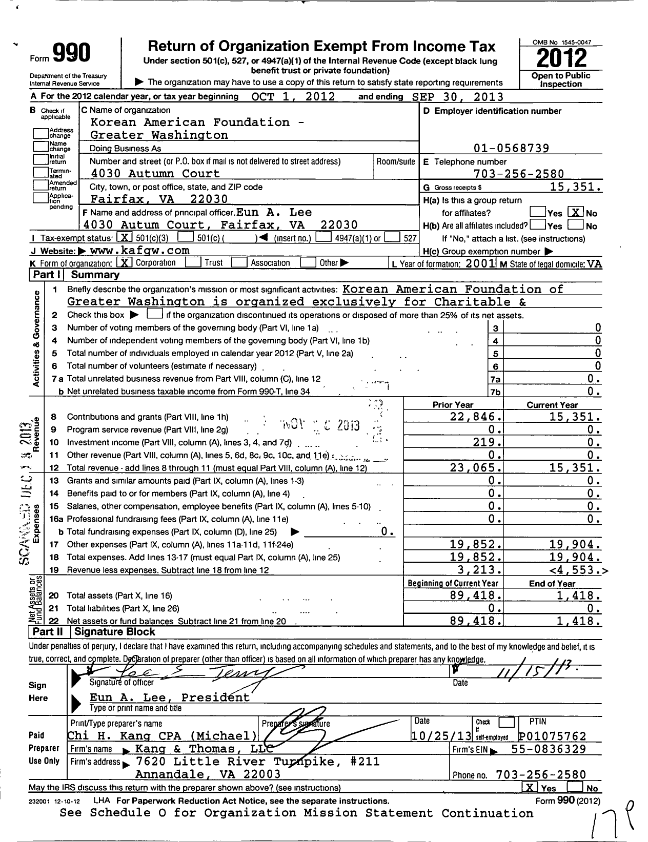 Image of first page of 2012 Form 990 for Korean American Foundation-Greater Washington