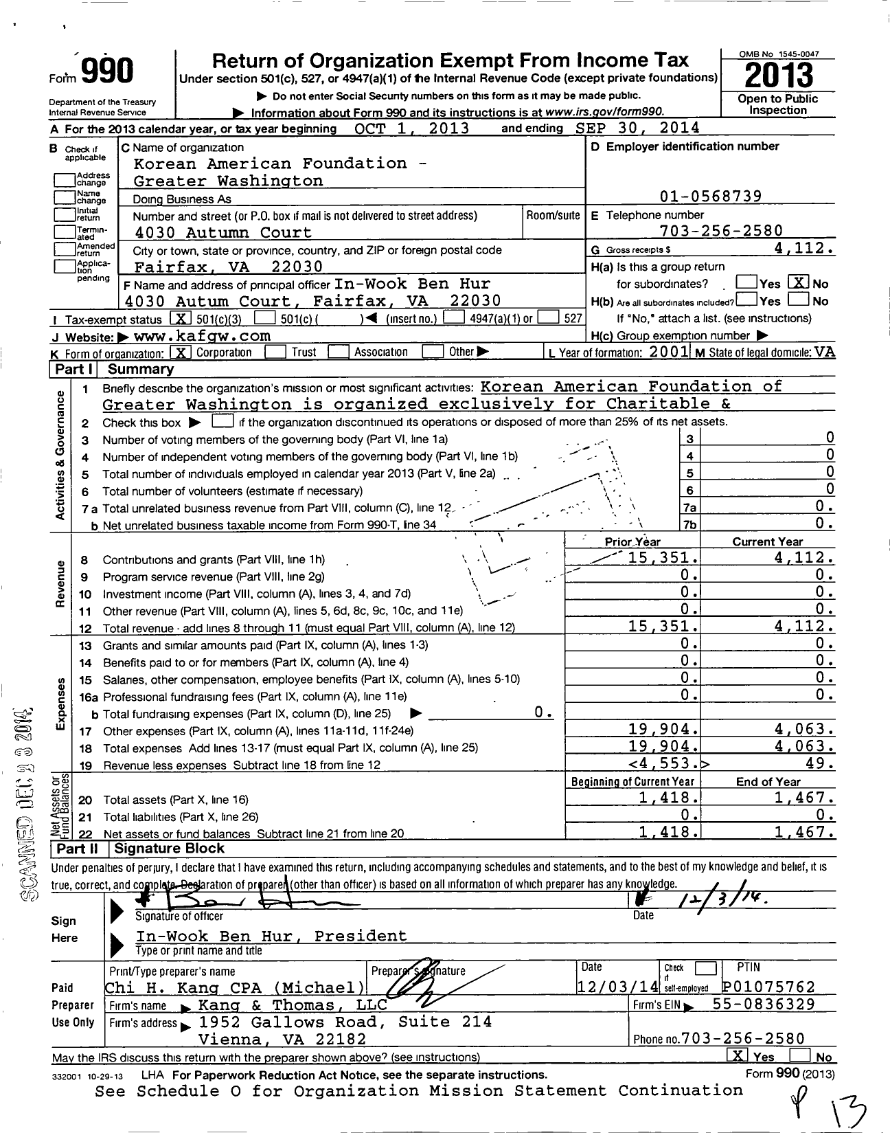 Image of first page of 2013 Form 990 for Korean American Foundation-Greater Washington