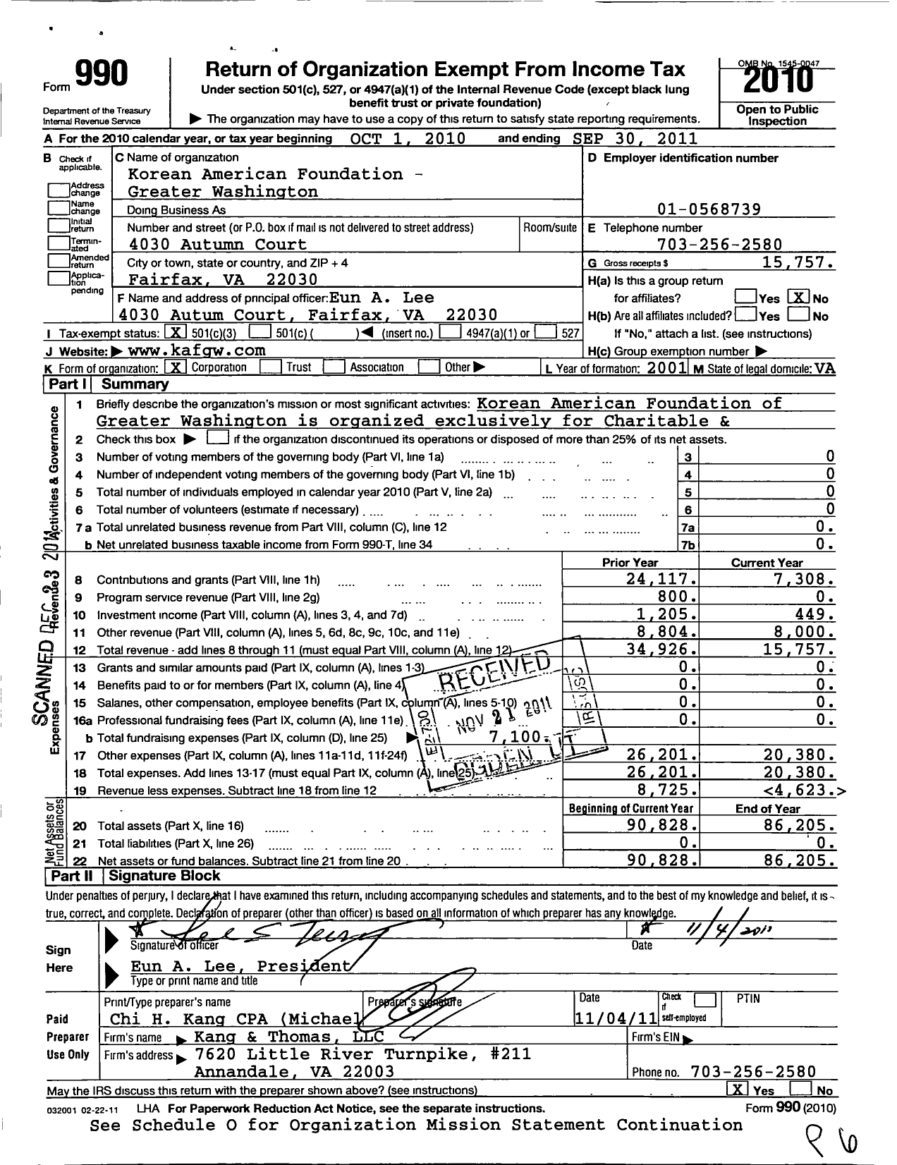 Image of first page of 2010 Form 990 for Korean American Foundation-Greater Washington