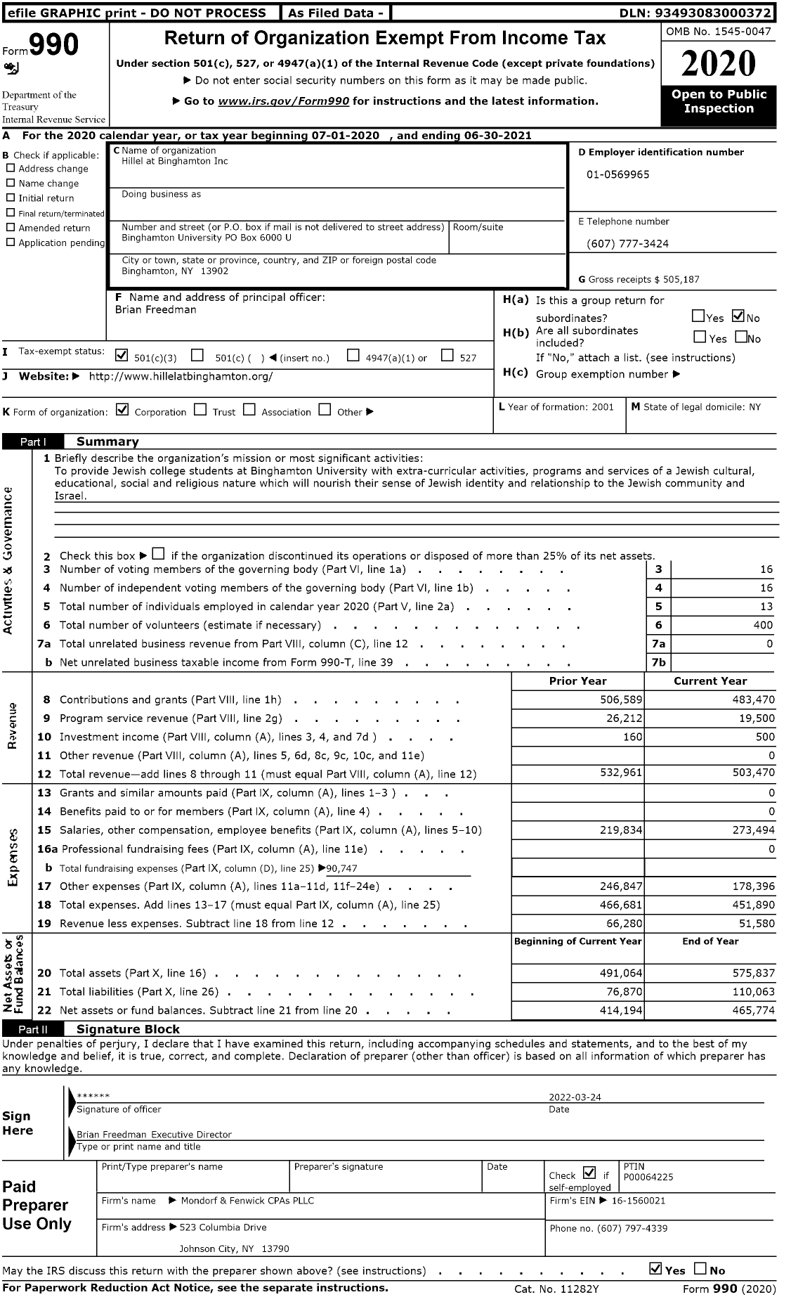 Image of first page of 2020 Form 990 for Hillel at Binghamton