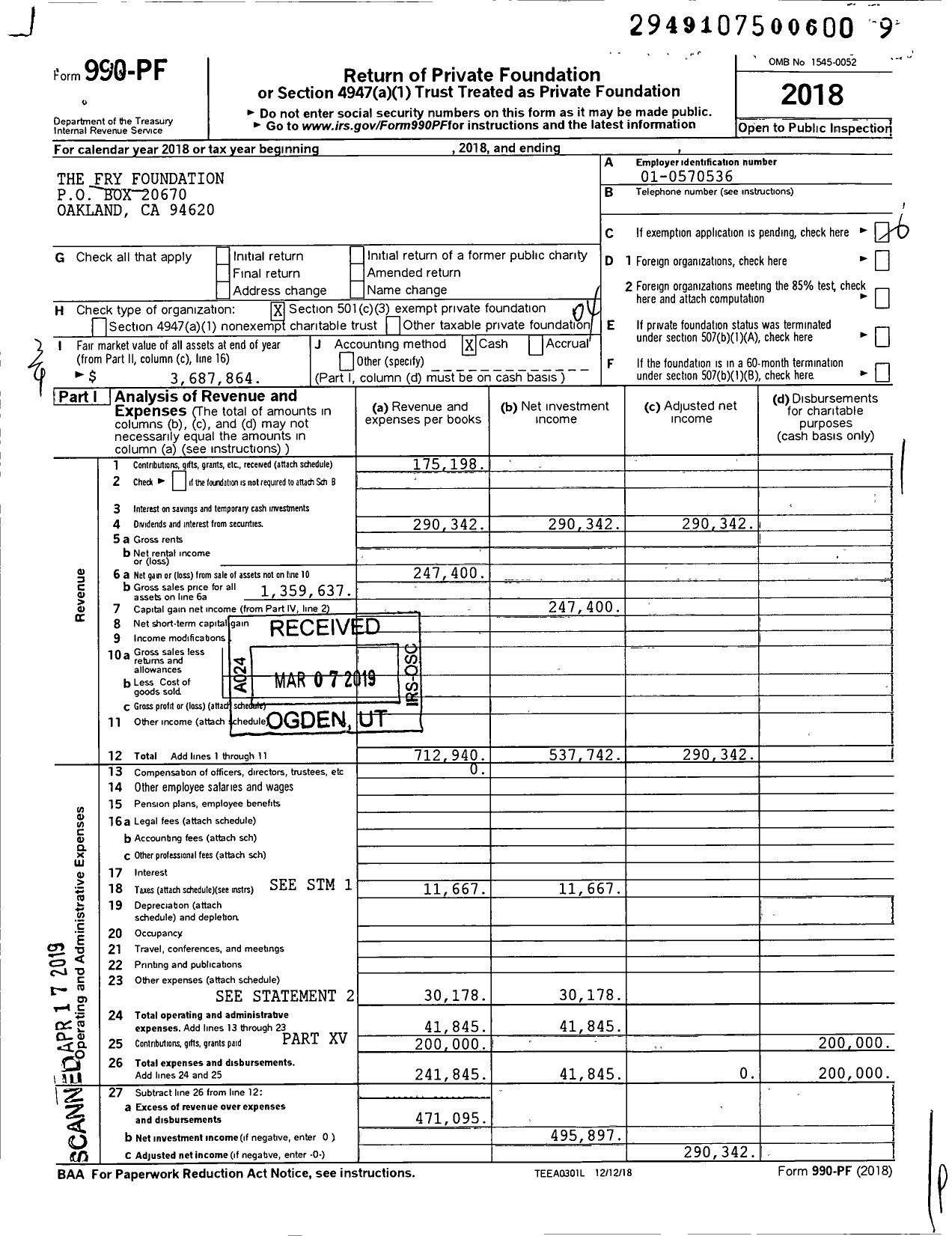 Image of first page of 2018 Form 990PF for The Fry Foundation