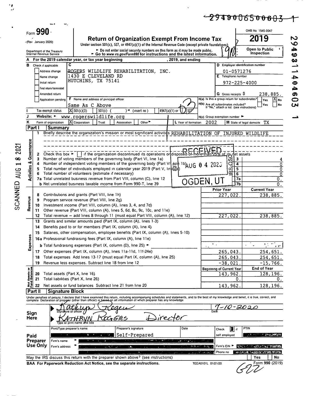 Image of first page of 2019 Form 990 for Rogers Wildlife Rehabilitation