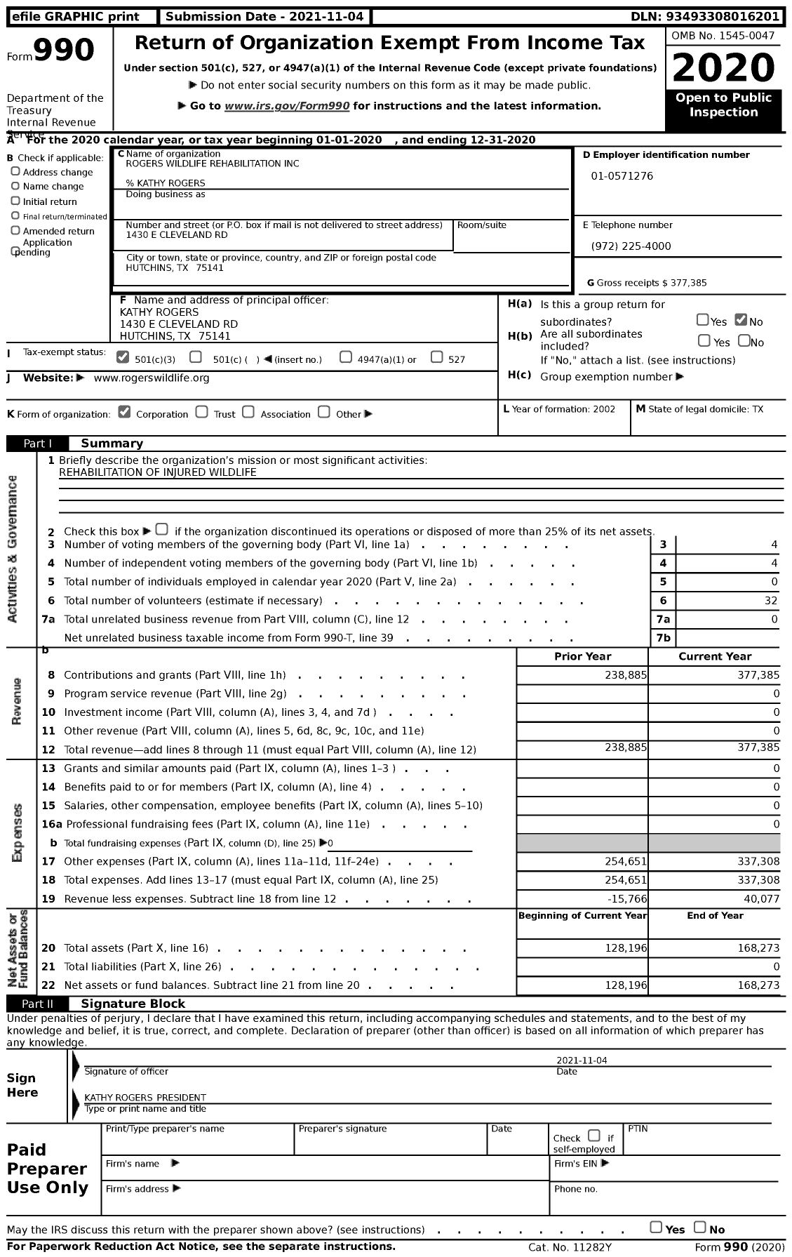 Image of first page of 2020 Form 990 for Rogers Wildlife Rehabilitation