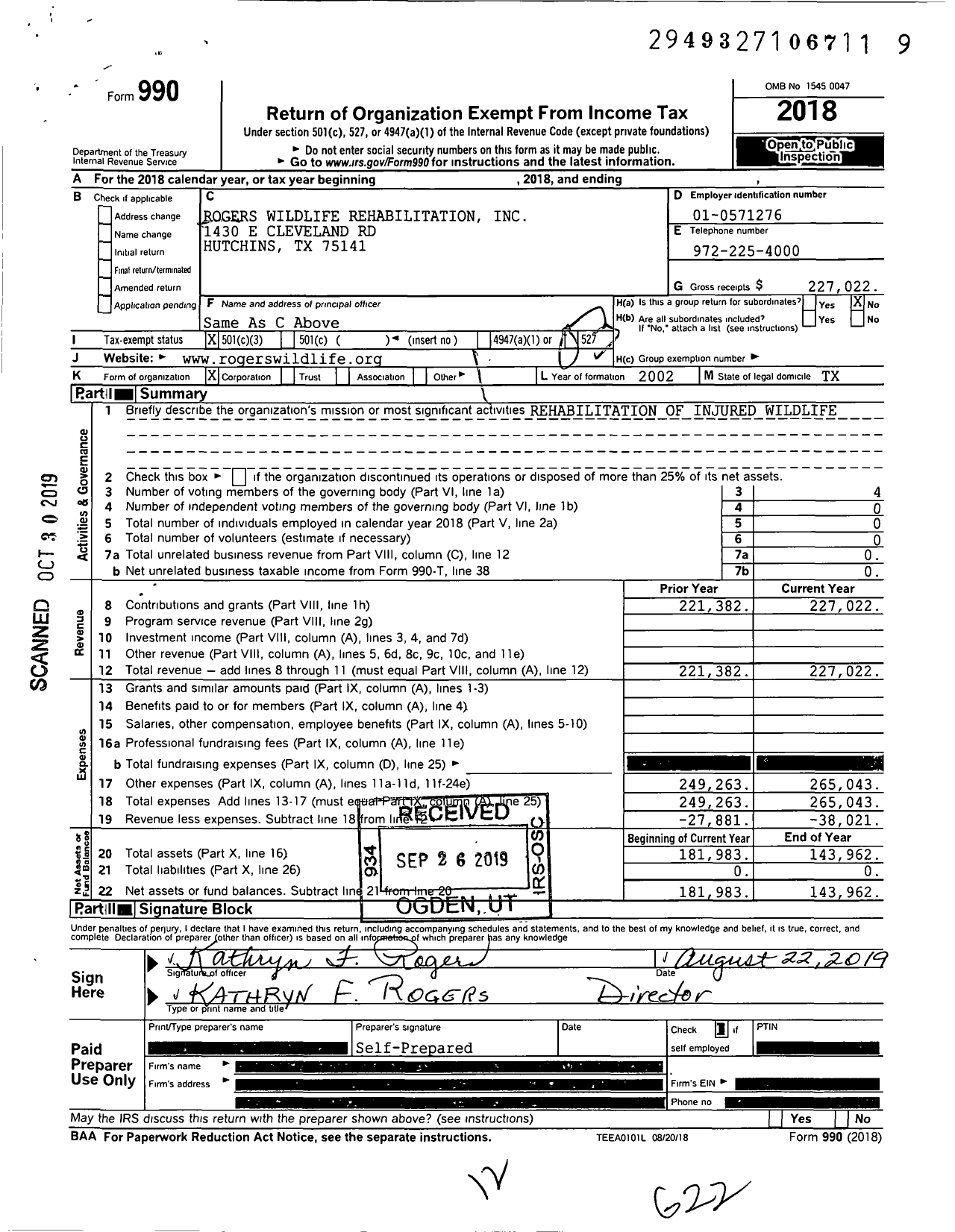 Image of first page of 2018 Form 990 for Rogers Wildlife Rehabilitation