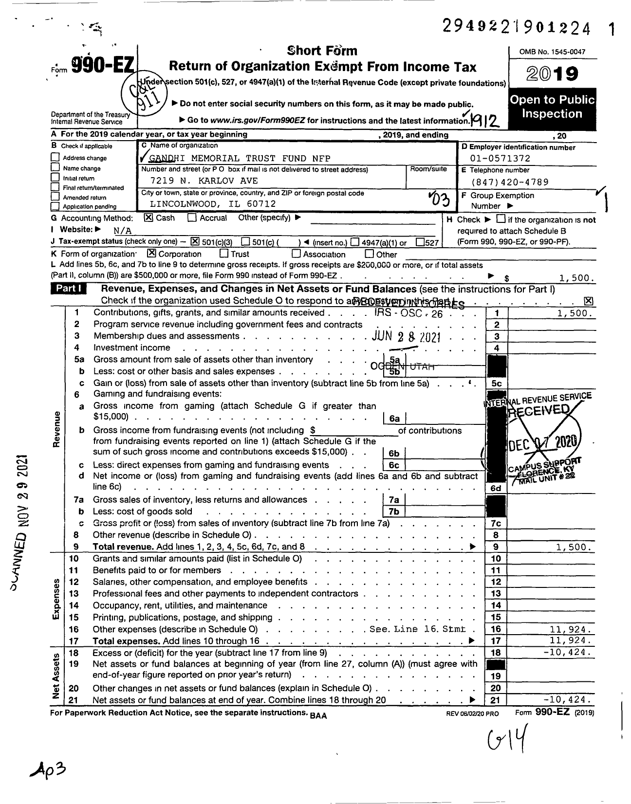 Image of first page of 2019 Form 990EZ for Gandhi Memorial Trust Fund NFP