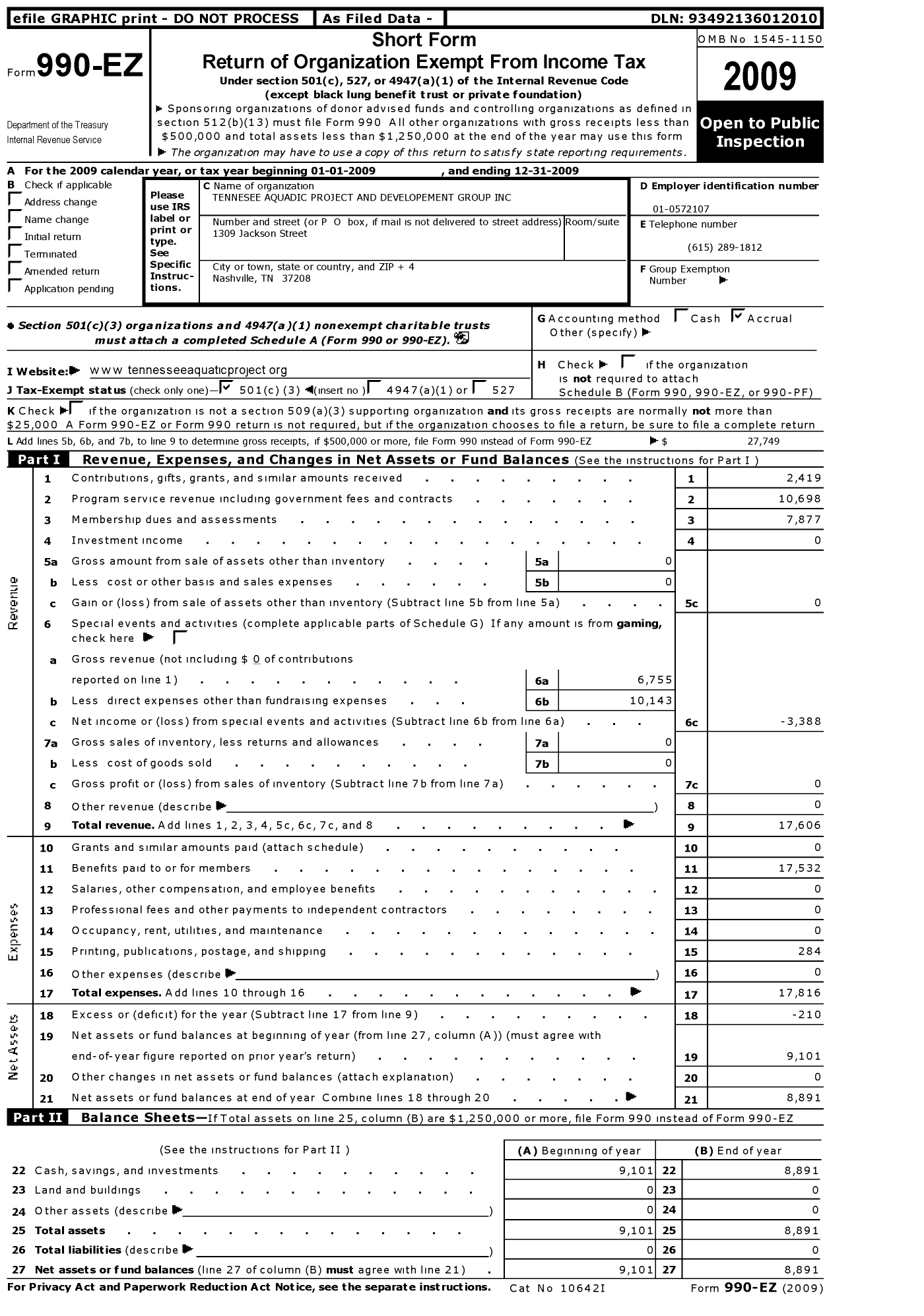 Image of first page of 2009 Form 990EZ for Tennesee Aquadic Project and Developement Group