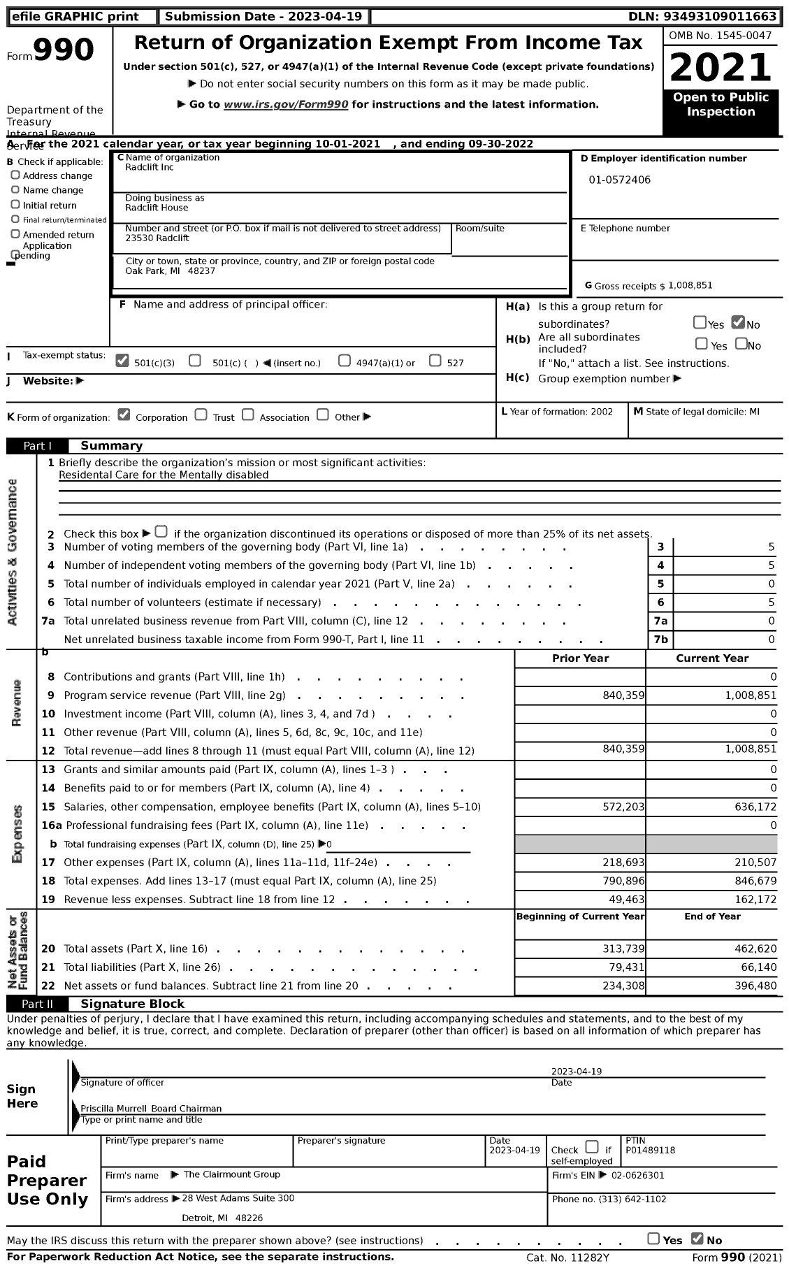 Image of first page of 2021 Form 990 for Radclift House