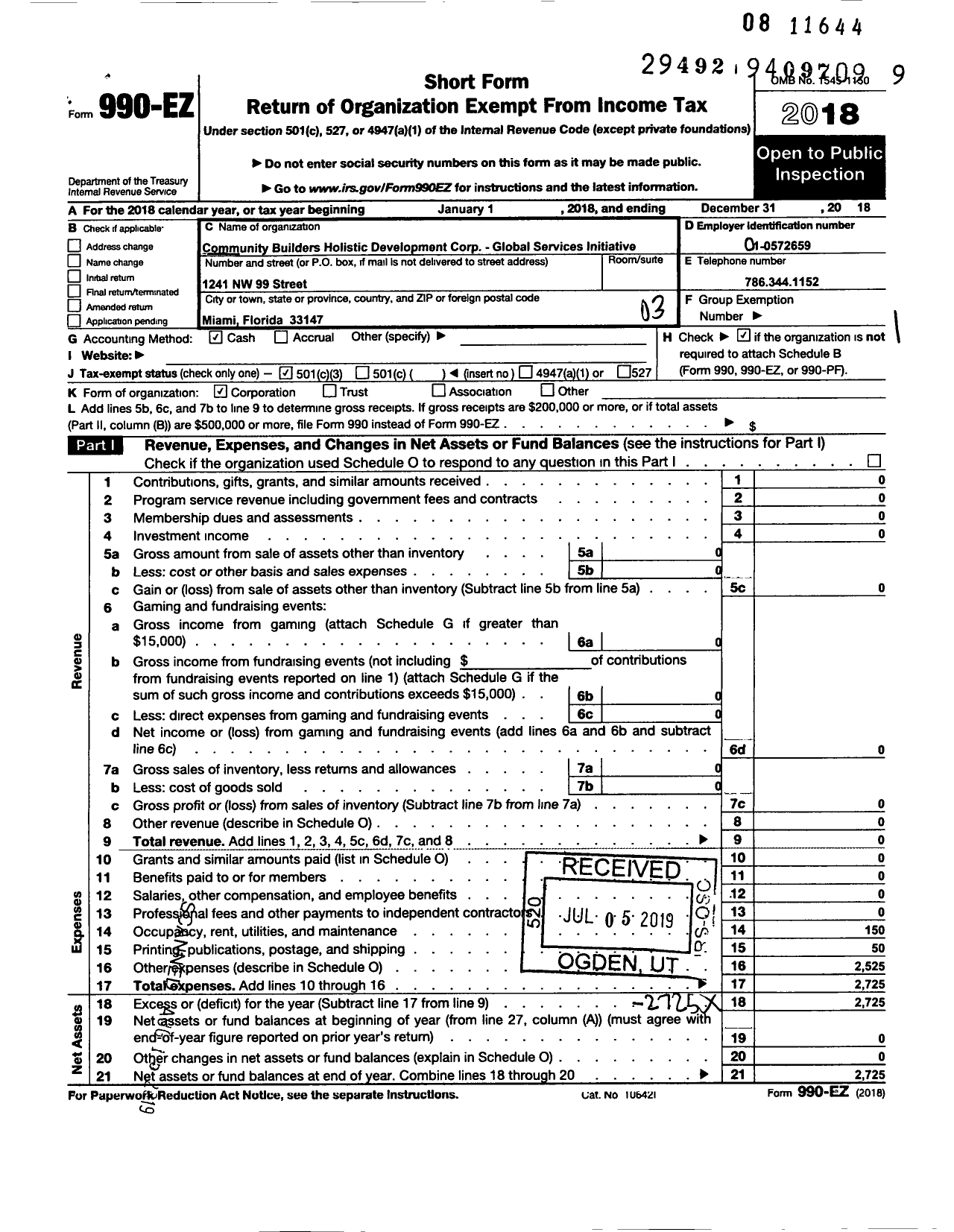 Image of first page of 2018 Form 990EZ for Community Builders Holistic Dev Corp Global Services Initiative