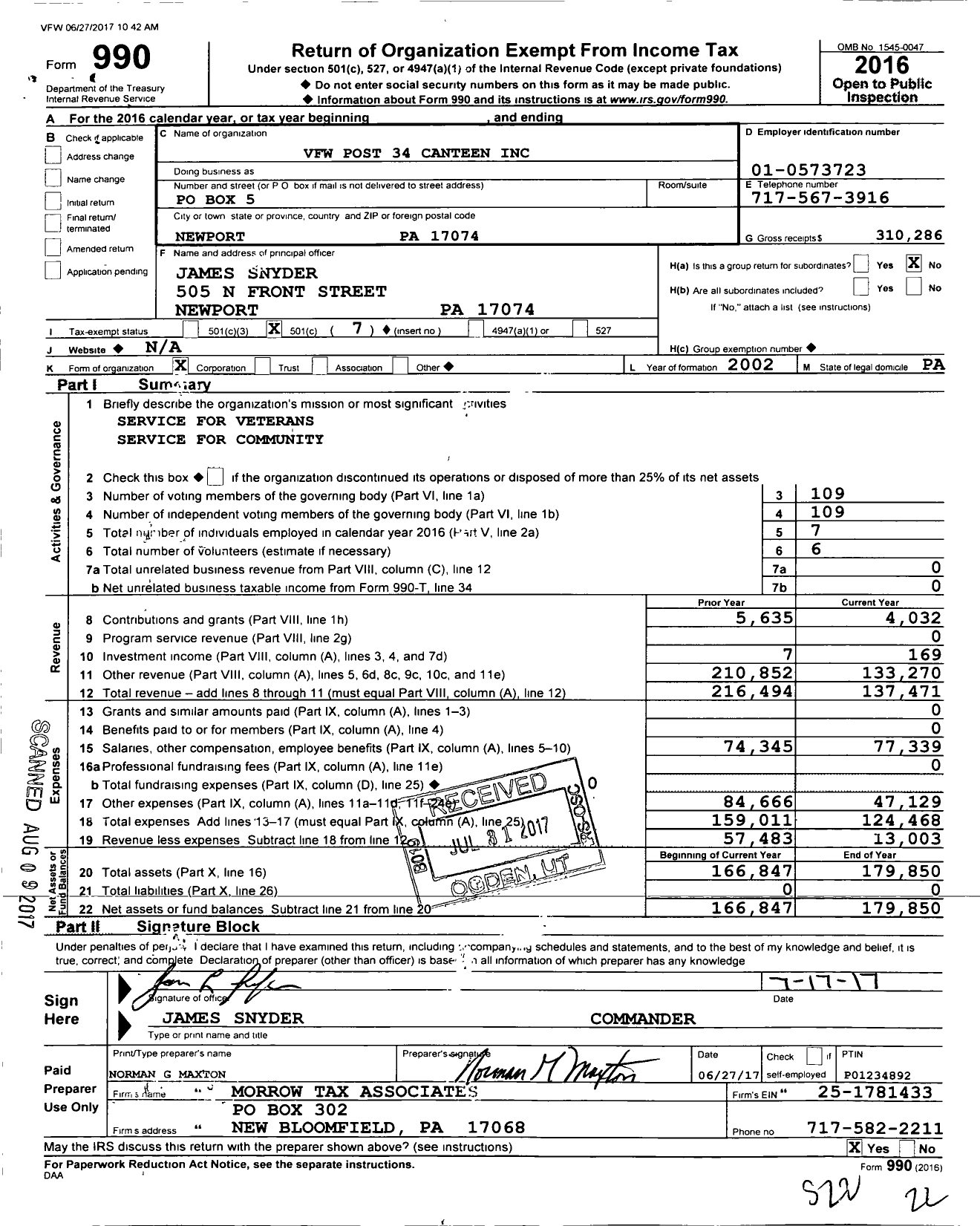 Image of first page of 2016 Form 990O for VFW F W Post 34 Canteen