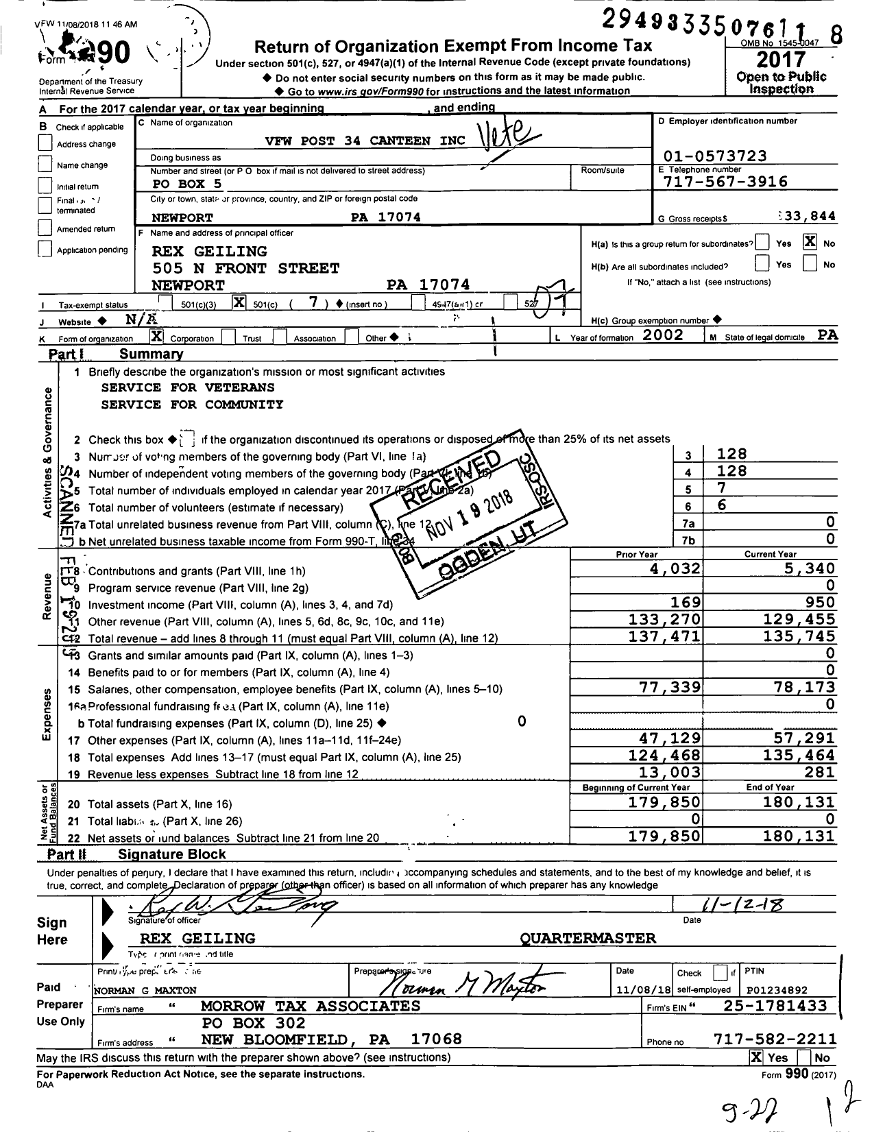 Image of first page of 2017 Form 990O for VFW F W Post 34 Canteen