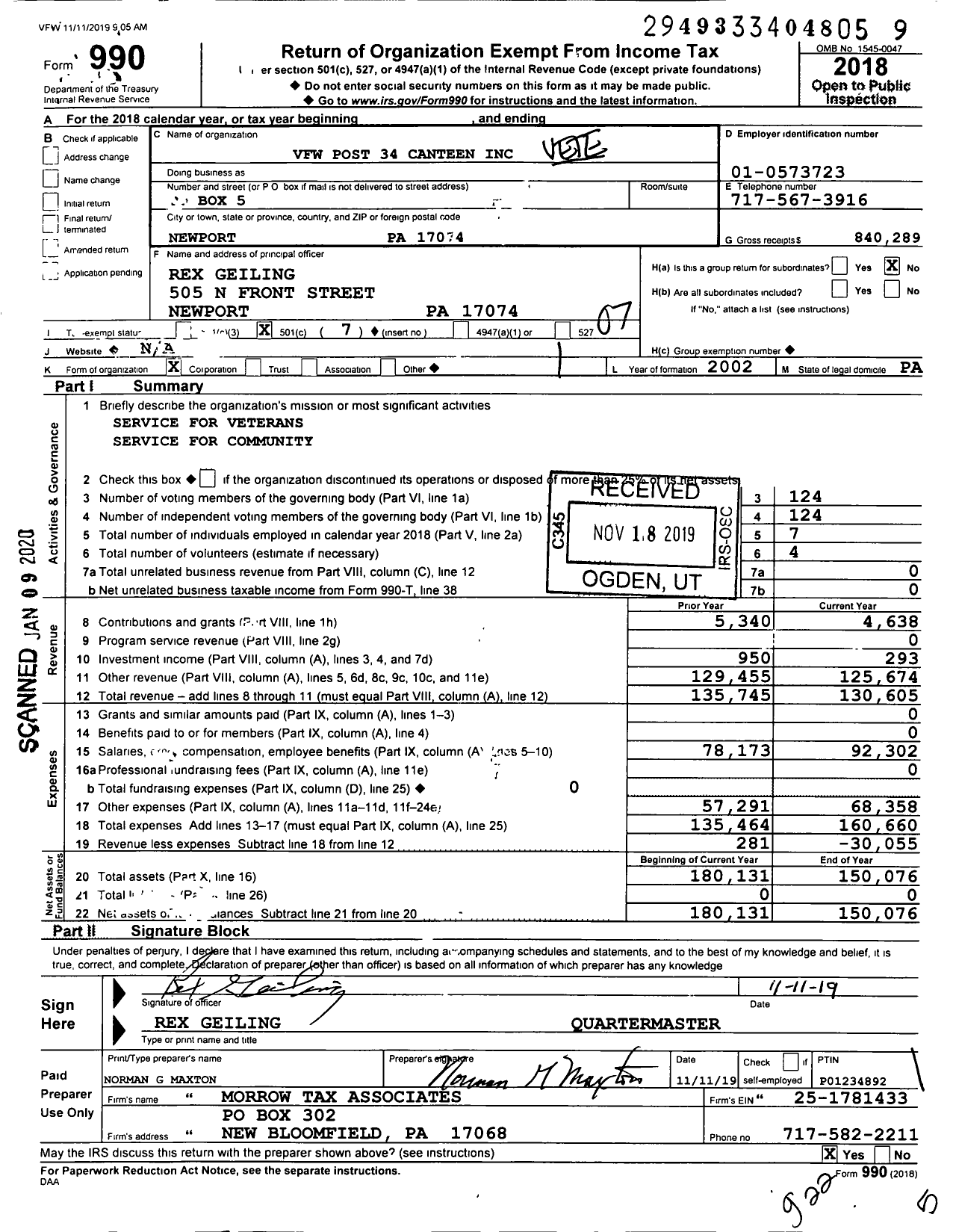 Image of first page of 2018 Form 990O for VFW F W Post 34 Canteen