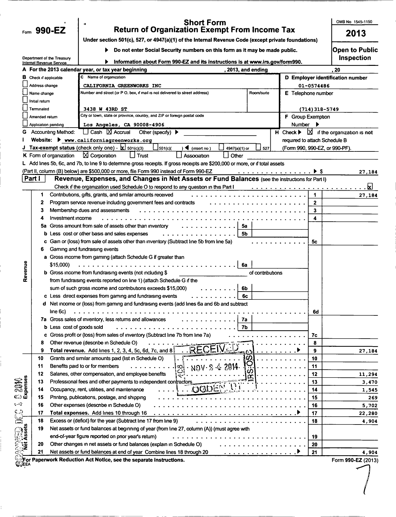 Image of first page of 2013 Form 990EZ for California Greenworks