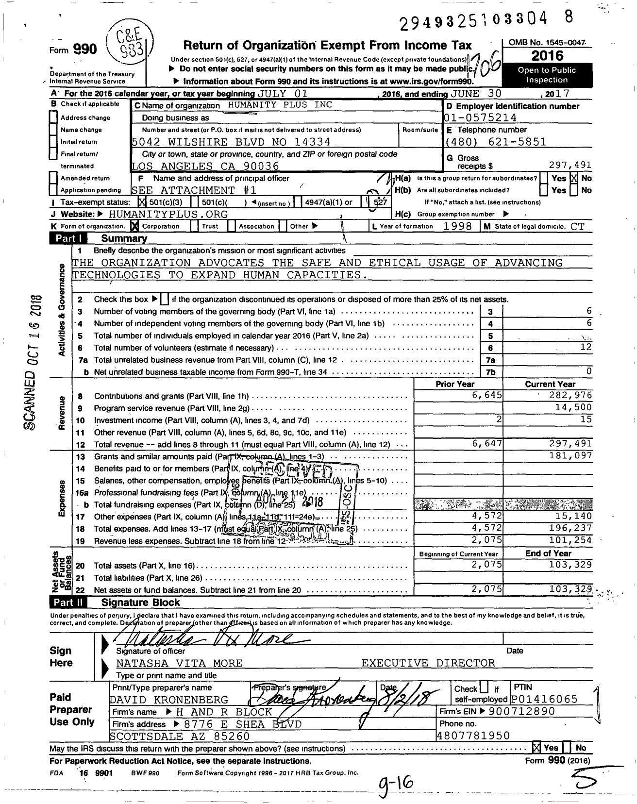 Image of first page of 2016 Form 990 for Humanity Plus