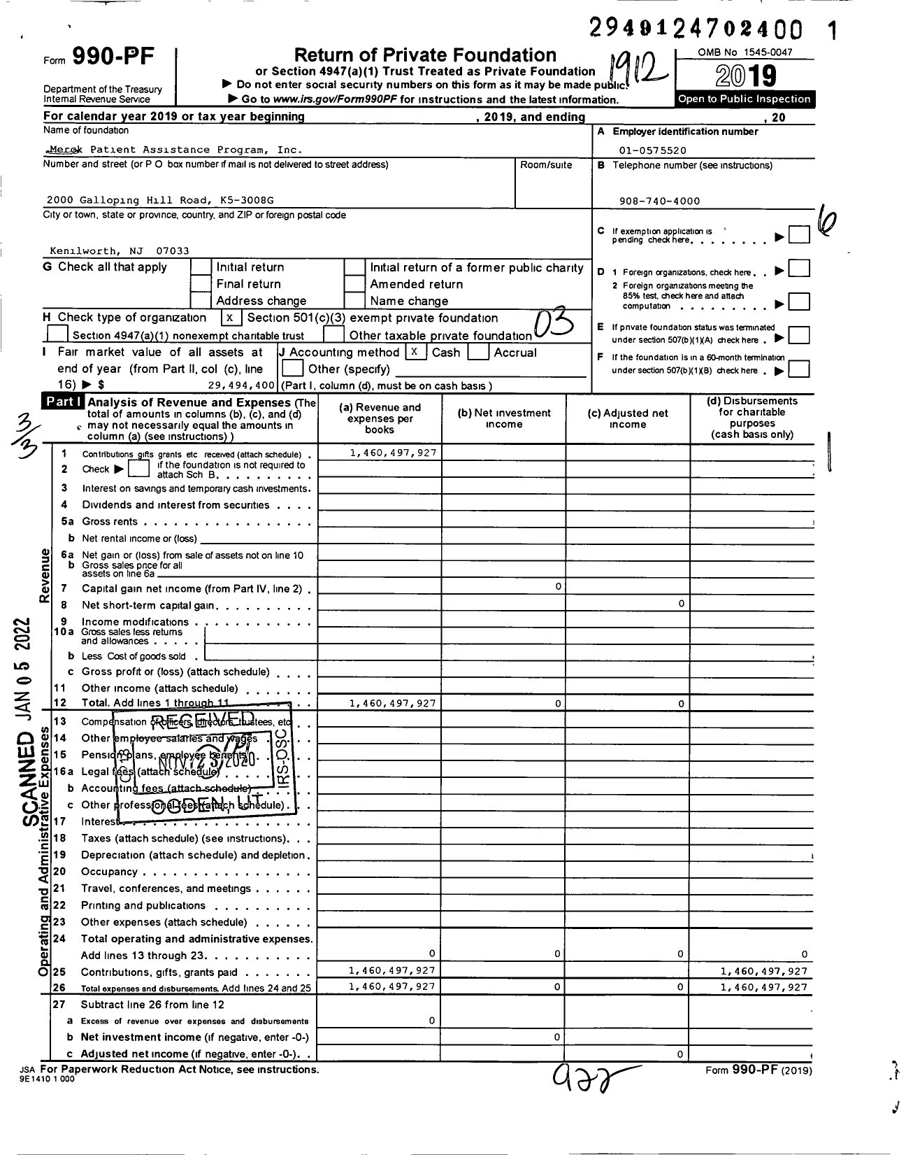 Image of first page of 2019 Form 990PF for Merck Patient Assistance Program