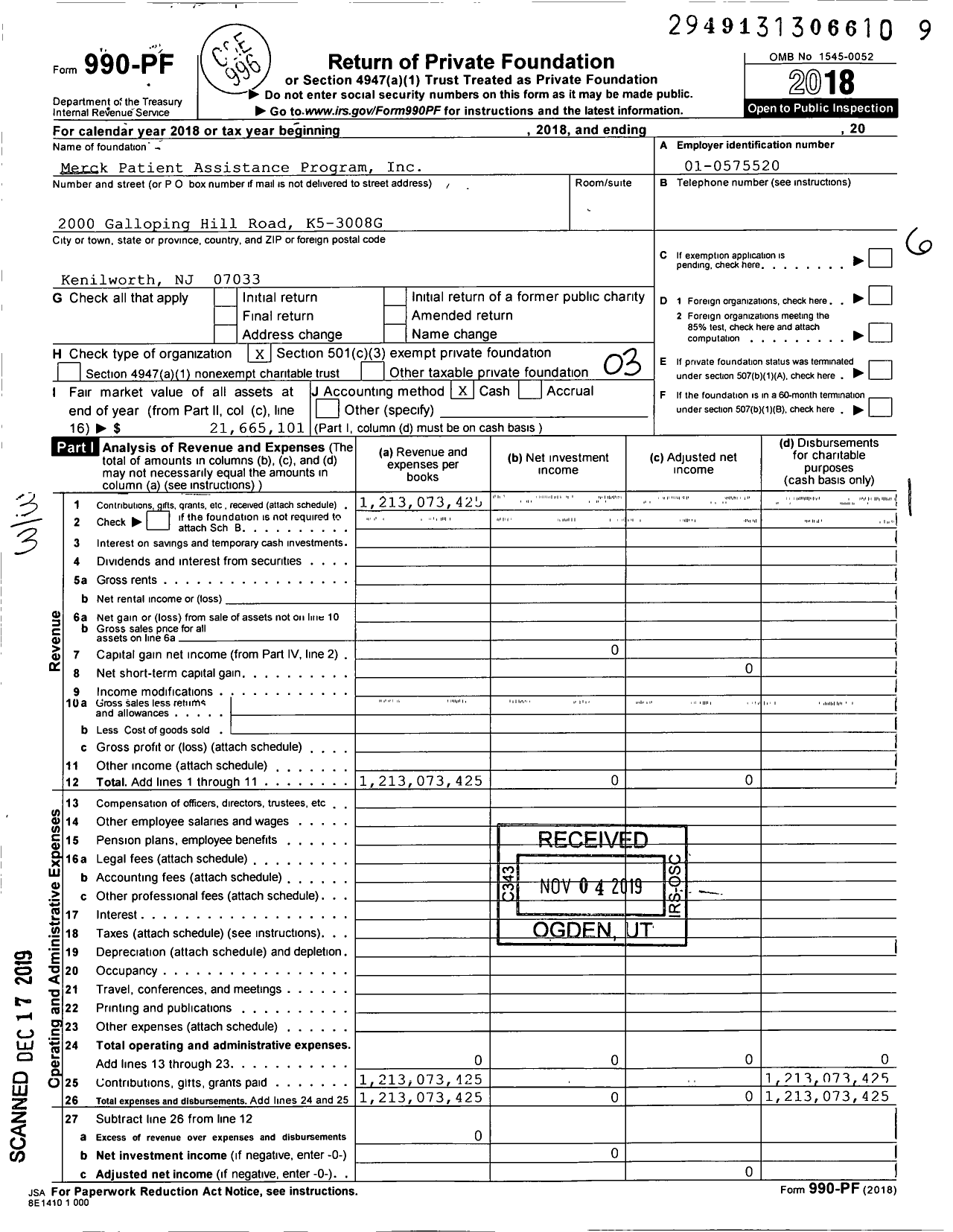 Image of first page of 2018 Form 990PF for Merck Patient Assistance Program